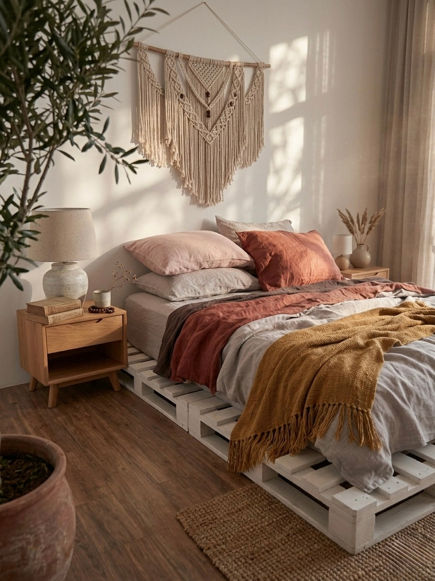 Boho bedroom with linen and bamboo bedding in warm tones — perfect for Australian summers