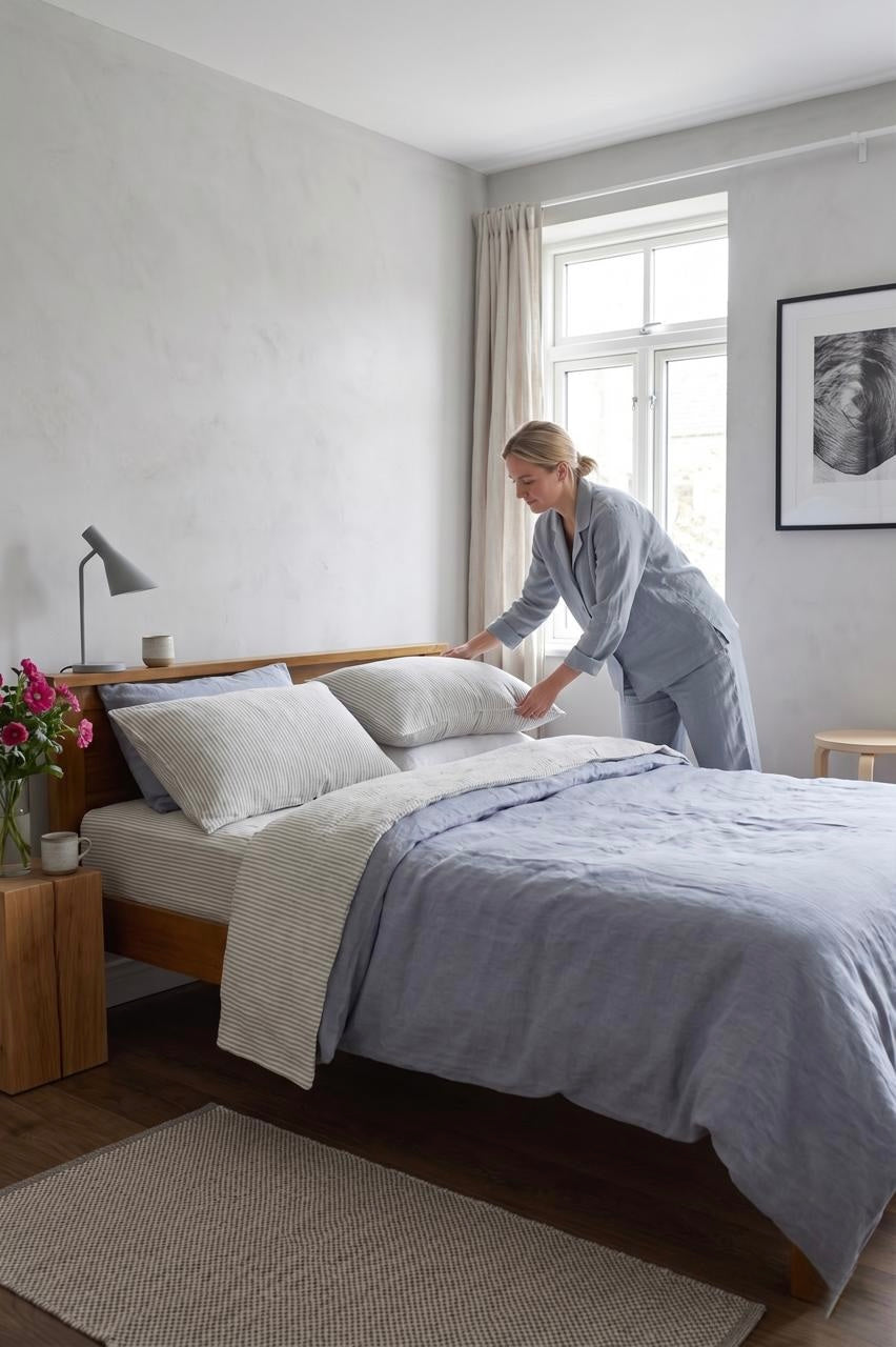 Woman making a bed with white French linen sheets — does white linen turn yellow over time