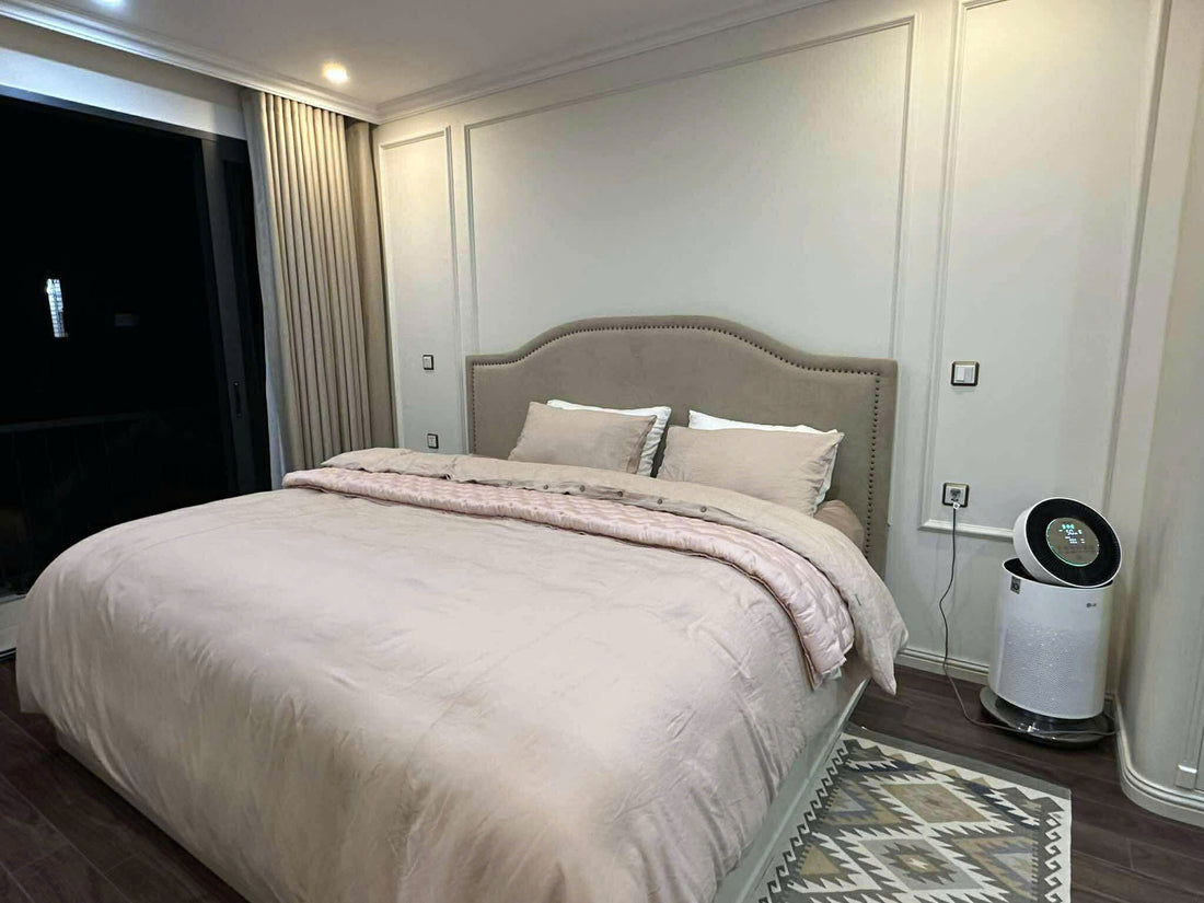 Peach pink French linen duvet cover in a French classic bedroom — SCANDALINEN real home