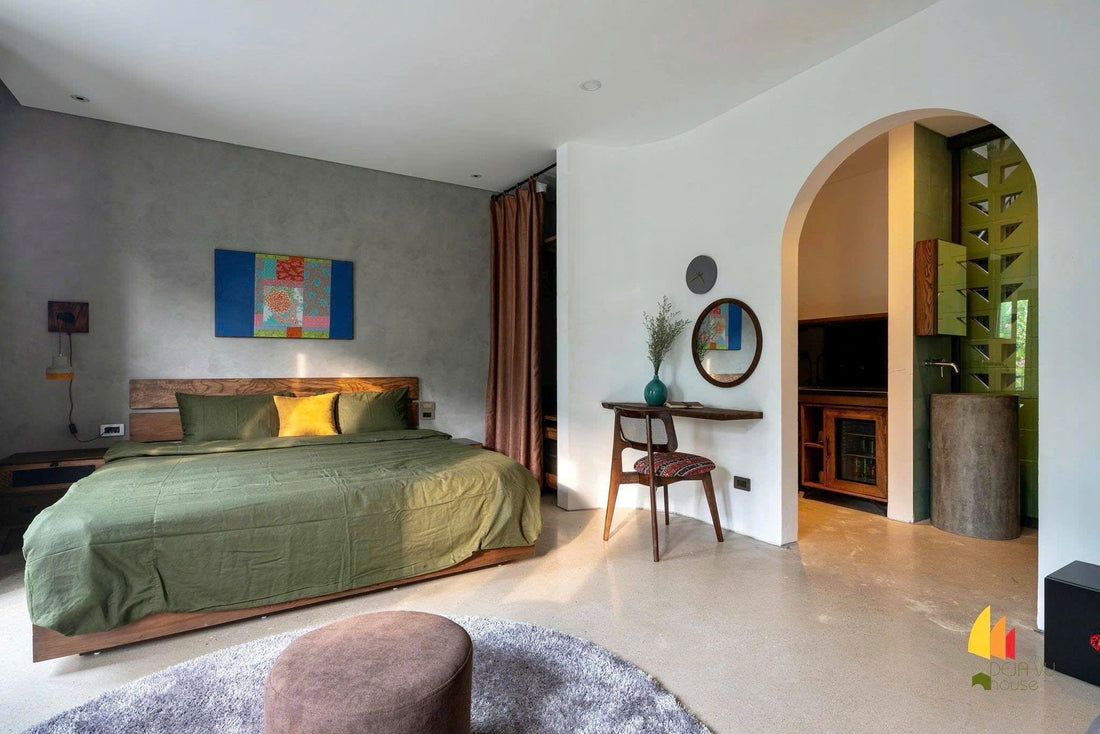 Olive green linen bedding in a boho homestay in Ha Long Bay — SCANDALINEN real home