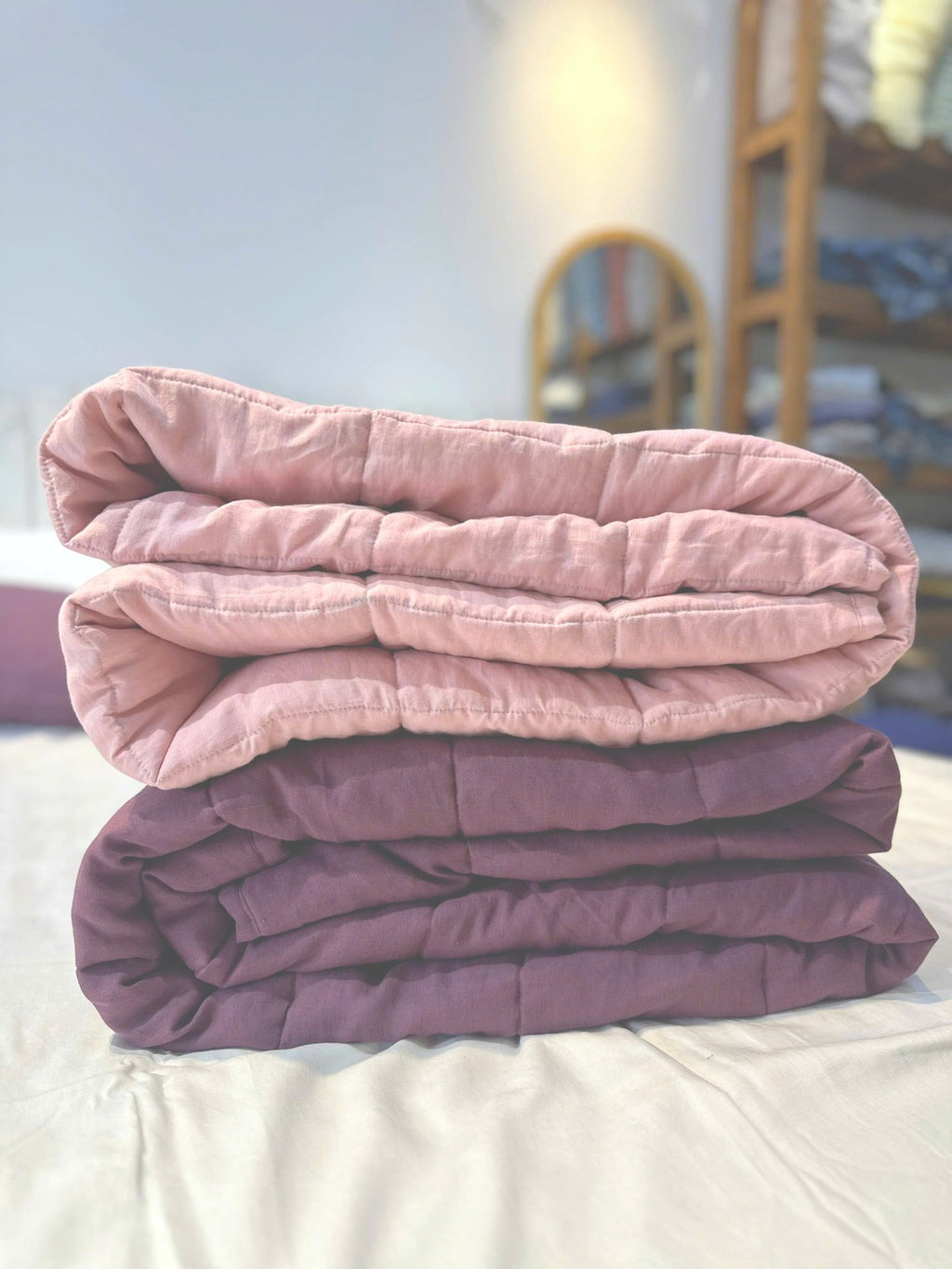 Hand-Quilted French Linen Blanket – Aubergine Plum