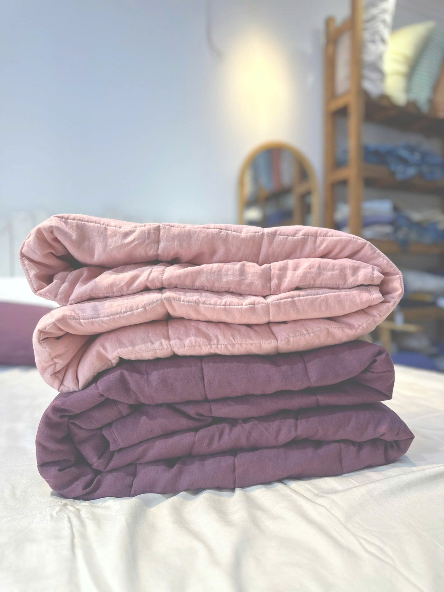 Hand-Quilted French Linen Blanket – Aubergine Plum