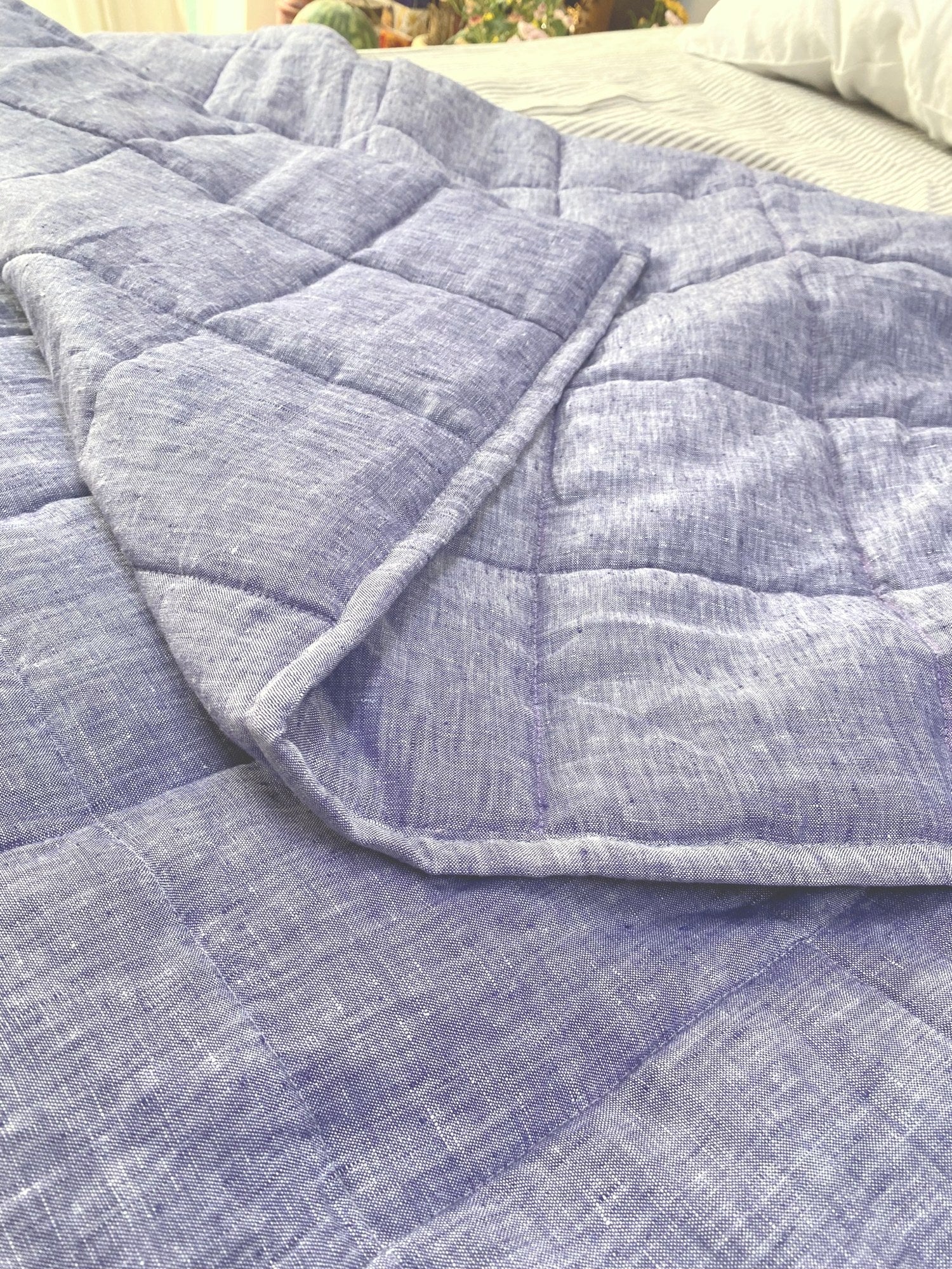 Hand-Quilted French Linen Blanket – Denim Blue