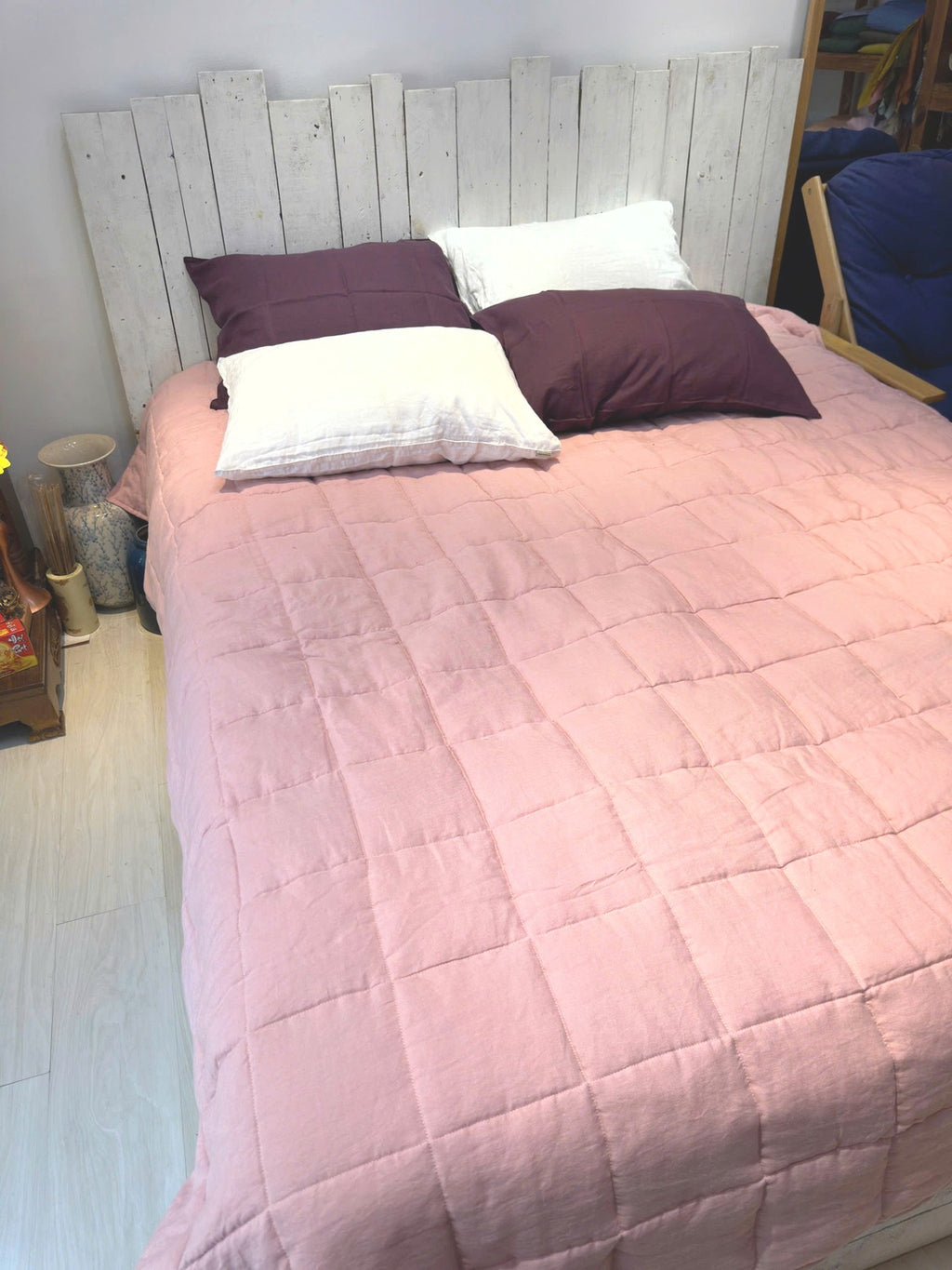 Hand-Quilted French Linen Blanket – Dusty Rose