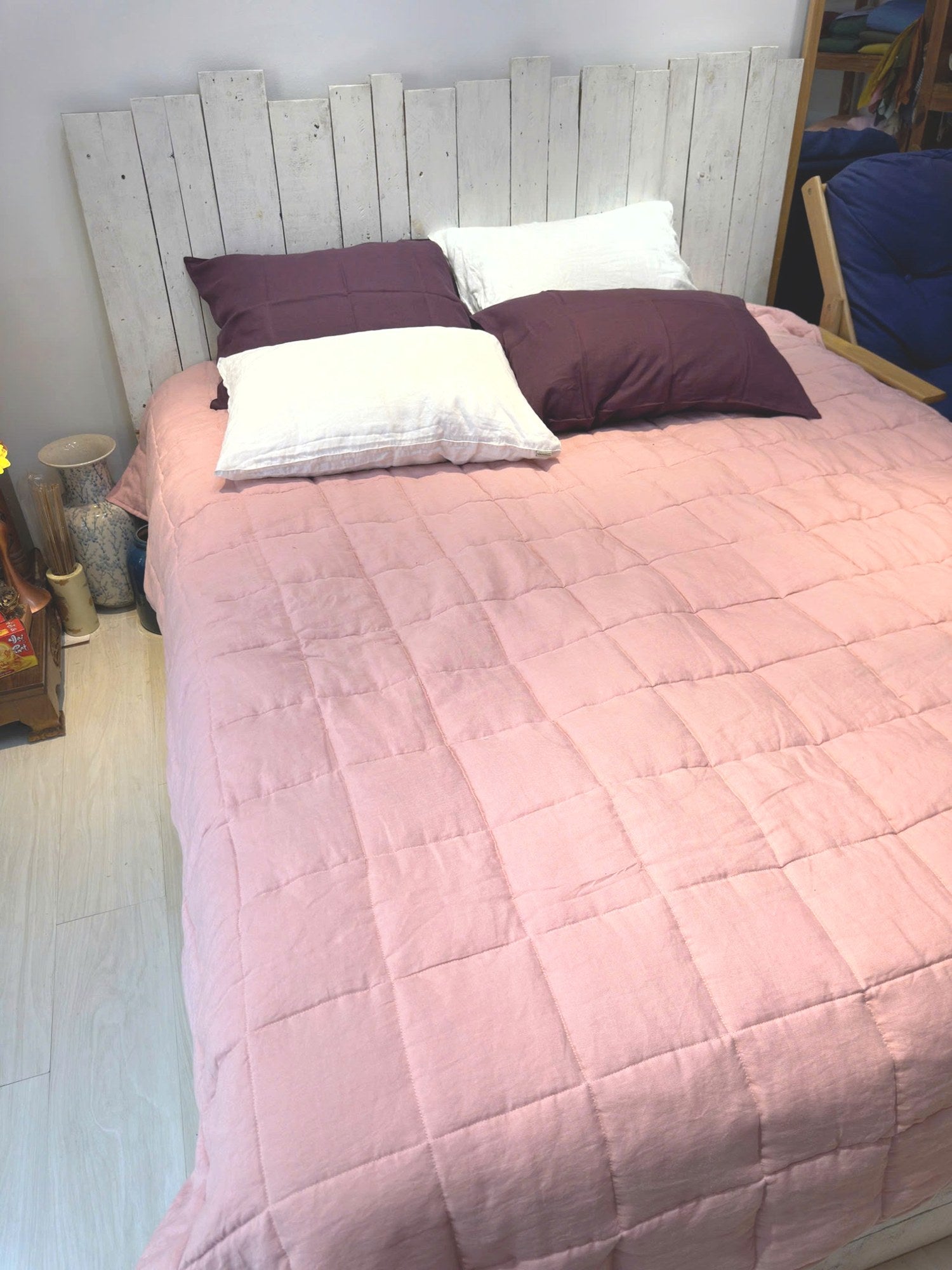 Hand-Quilted French Linen Blanket – Dusty Rose