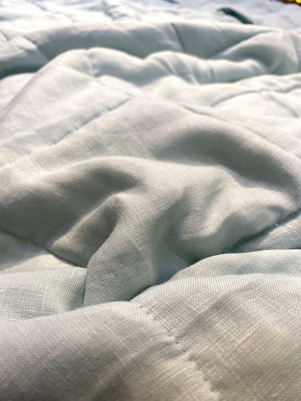 Hand-Quilted French Linen Blanket – Eucalyptus Sage