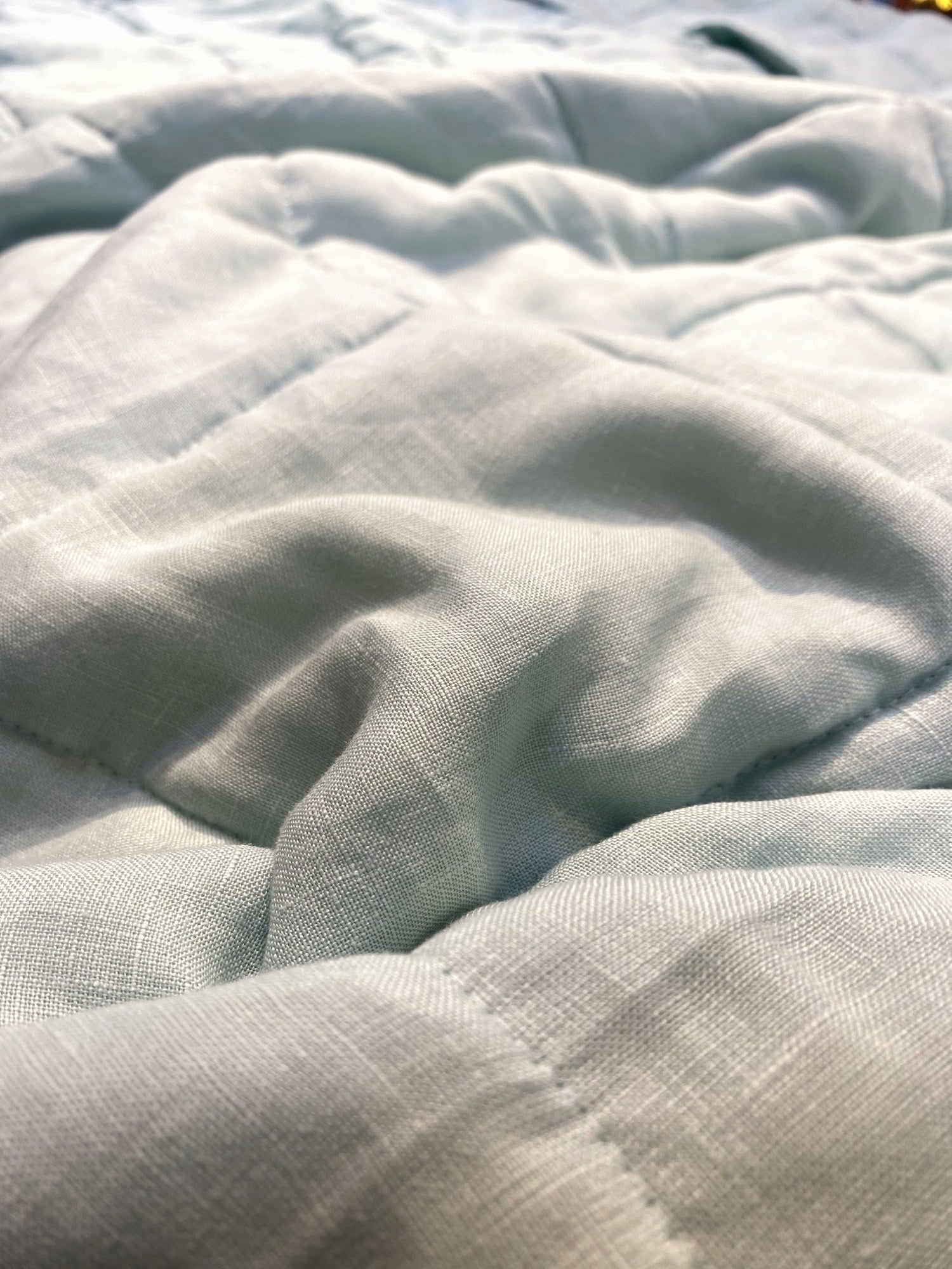 Hand-Quilted French Linen Blanket – Eucalyptus Sage