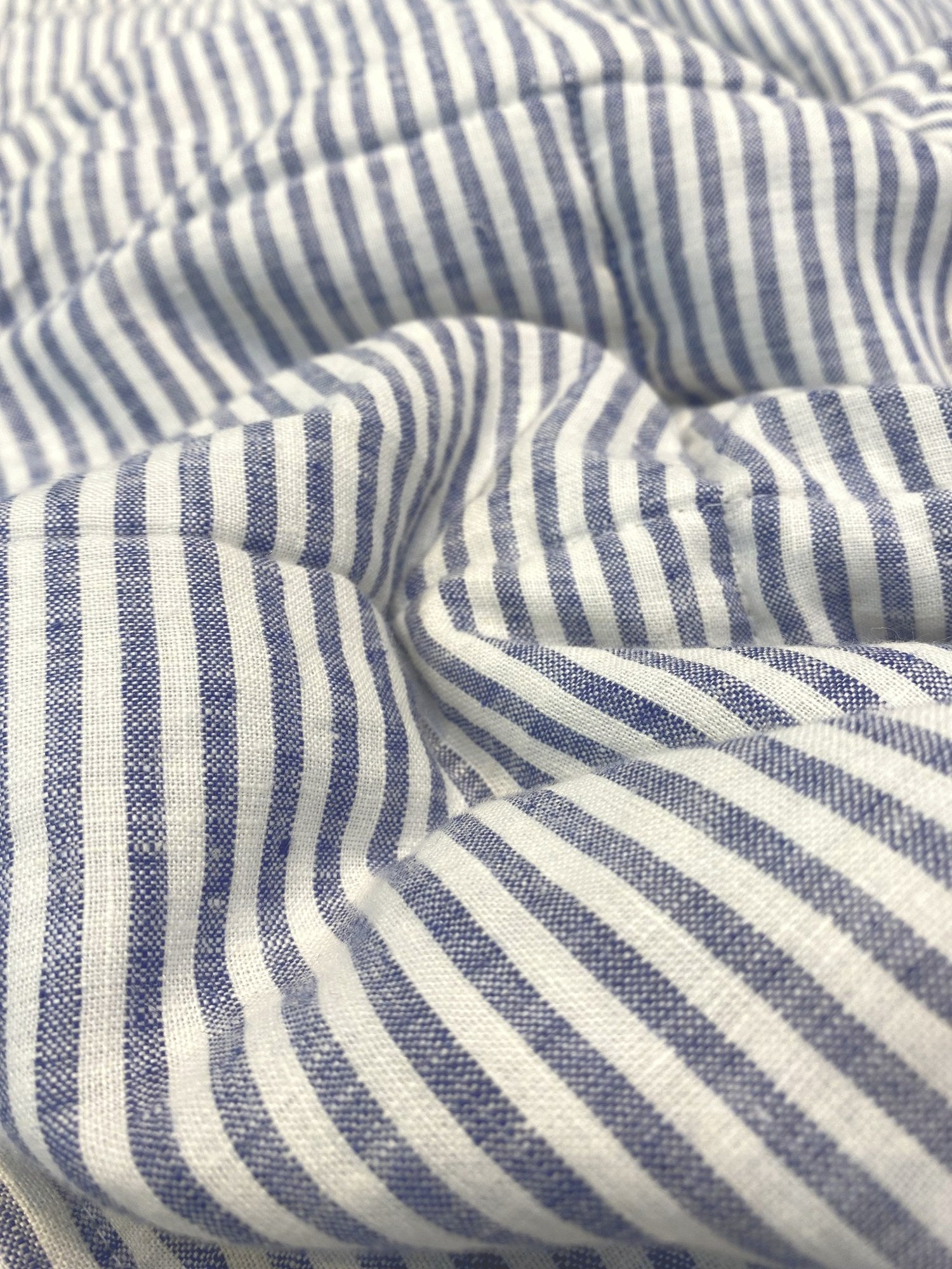Hand-Quilted French Linen Blanket – Navy Pinstripe