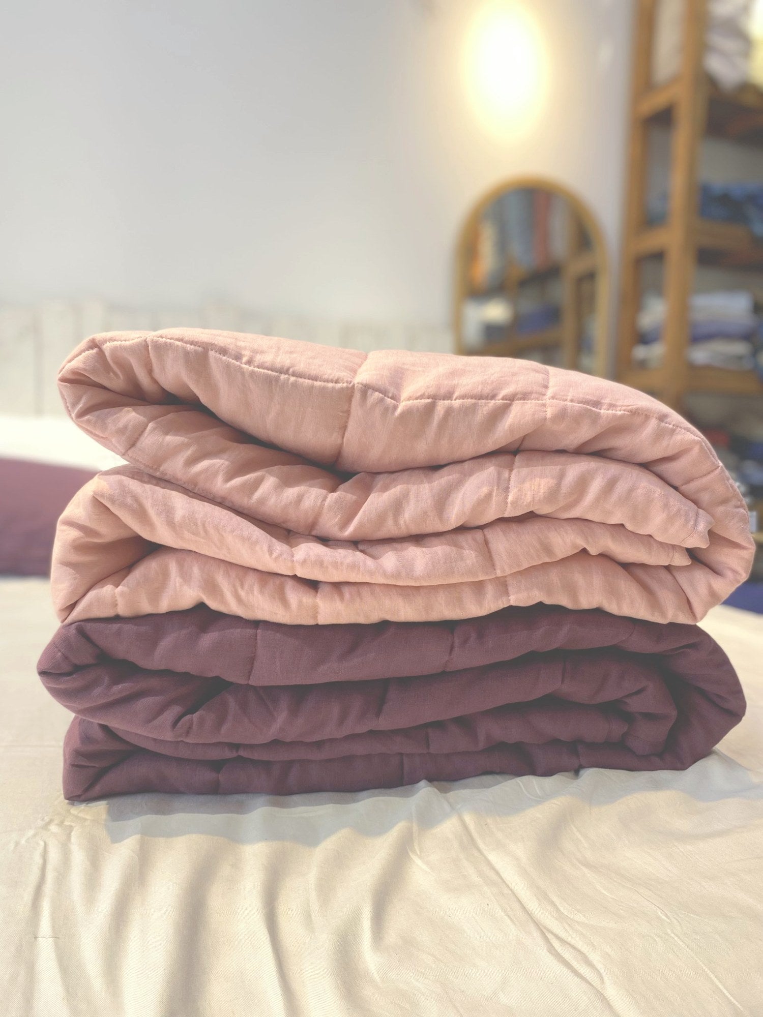 Hand-Quilted French Linen Blanket – Aubergine Plum