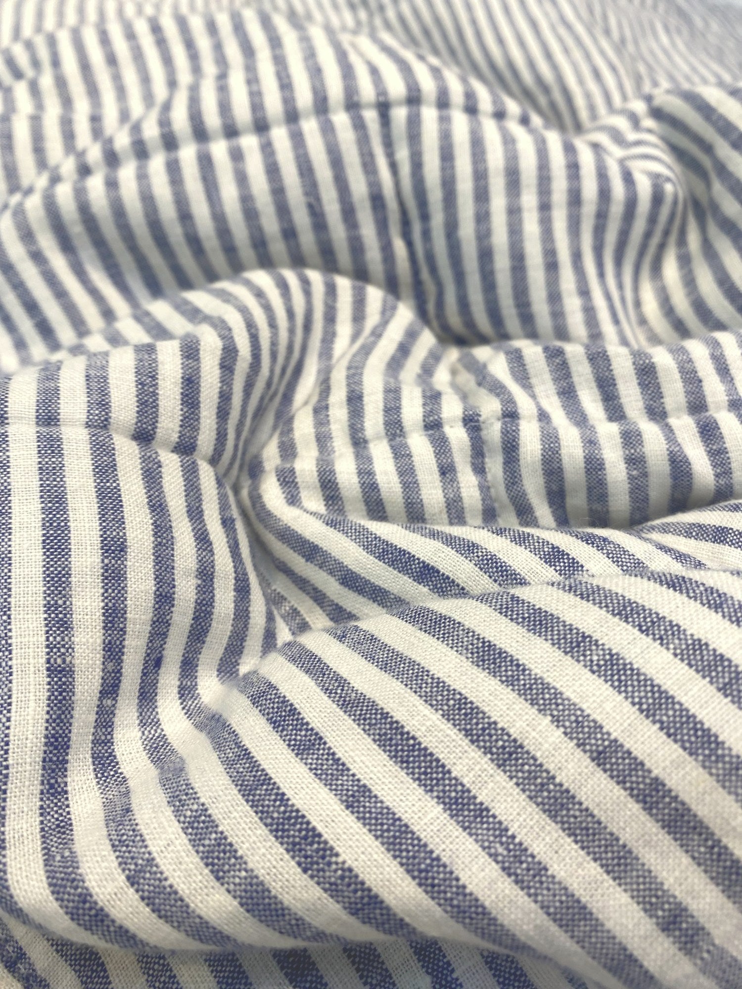 Hand-Quilted French Linen Blanket – Navy Pinstripe