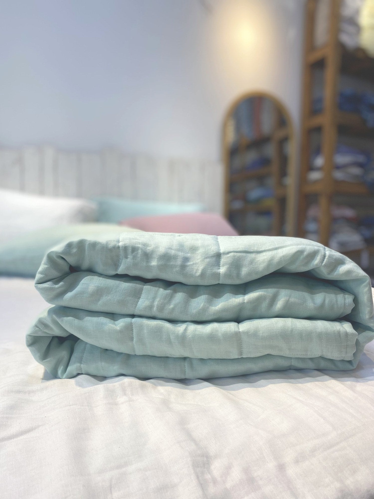 Hand-Quilted French Linen Blanket – Eucalyptus Sage