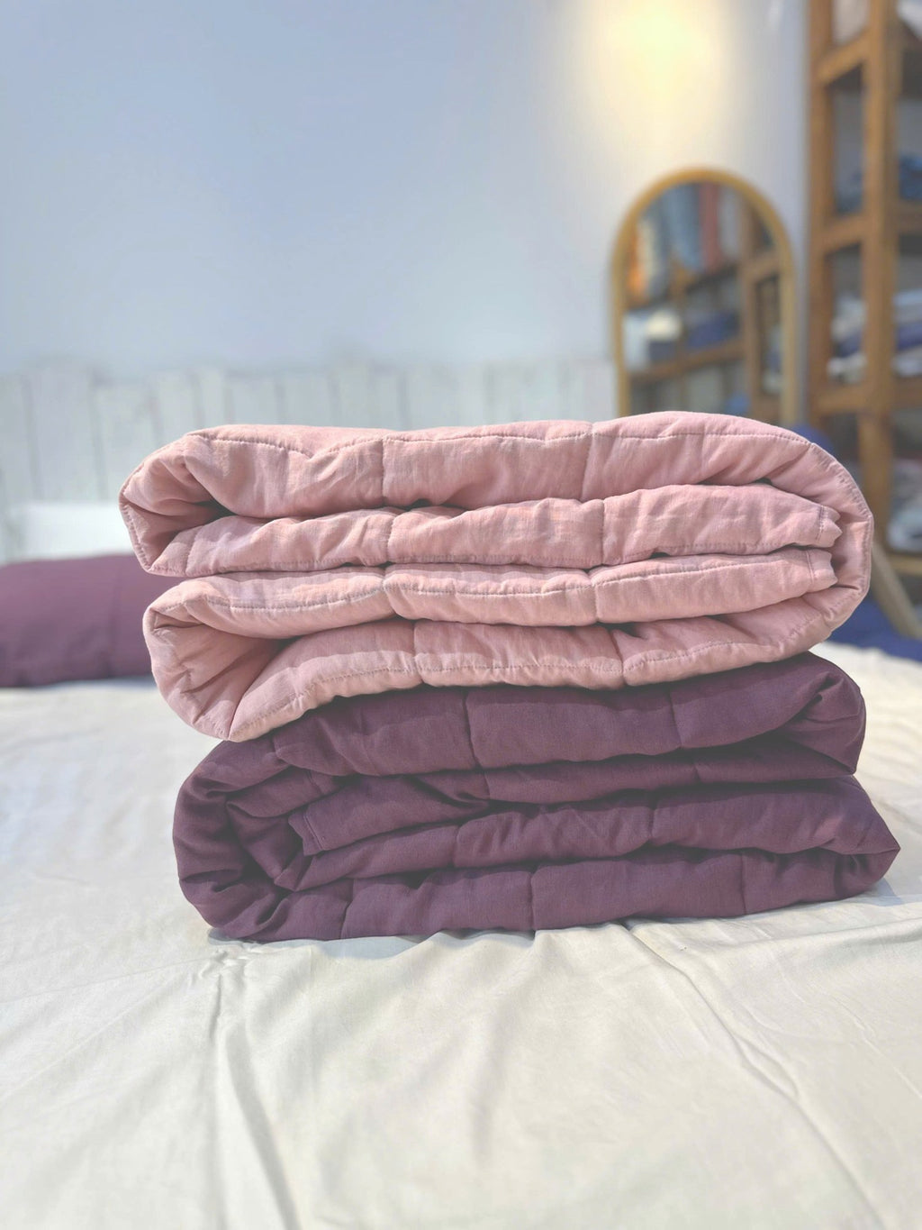 Hand-Quilted French Linen Blanket – Aubergine Plum