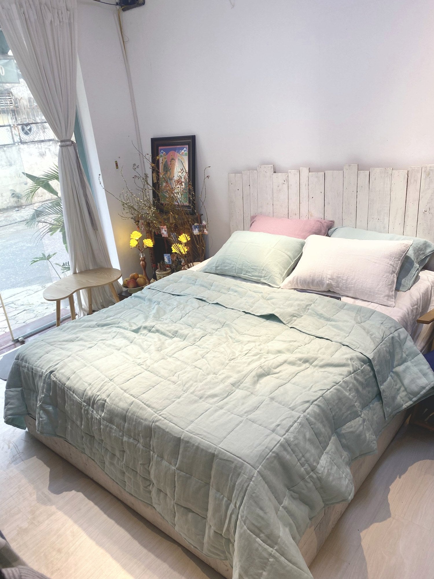 Hand-Quilted French Linen Blanket – Eucalyptus Sage