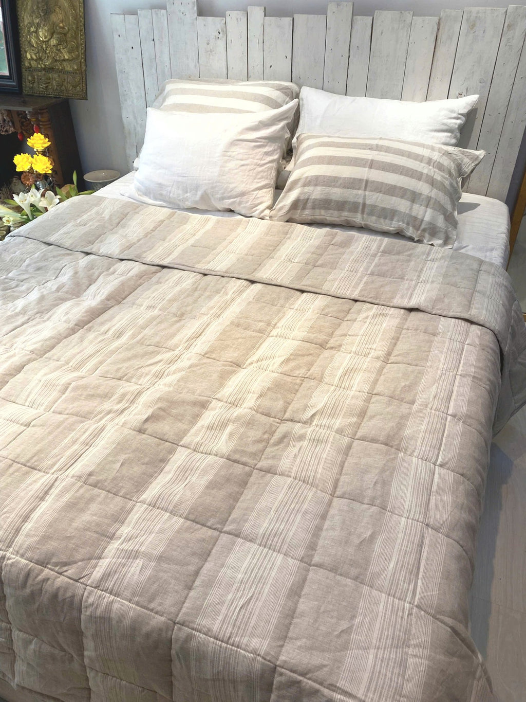 Hand-Quilted French Linen Blanket – Natural Oat Stripe