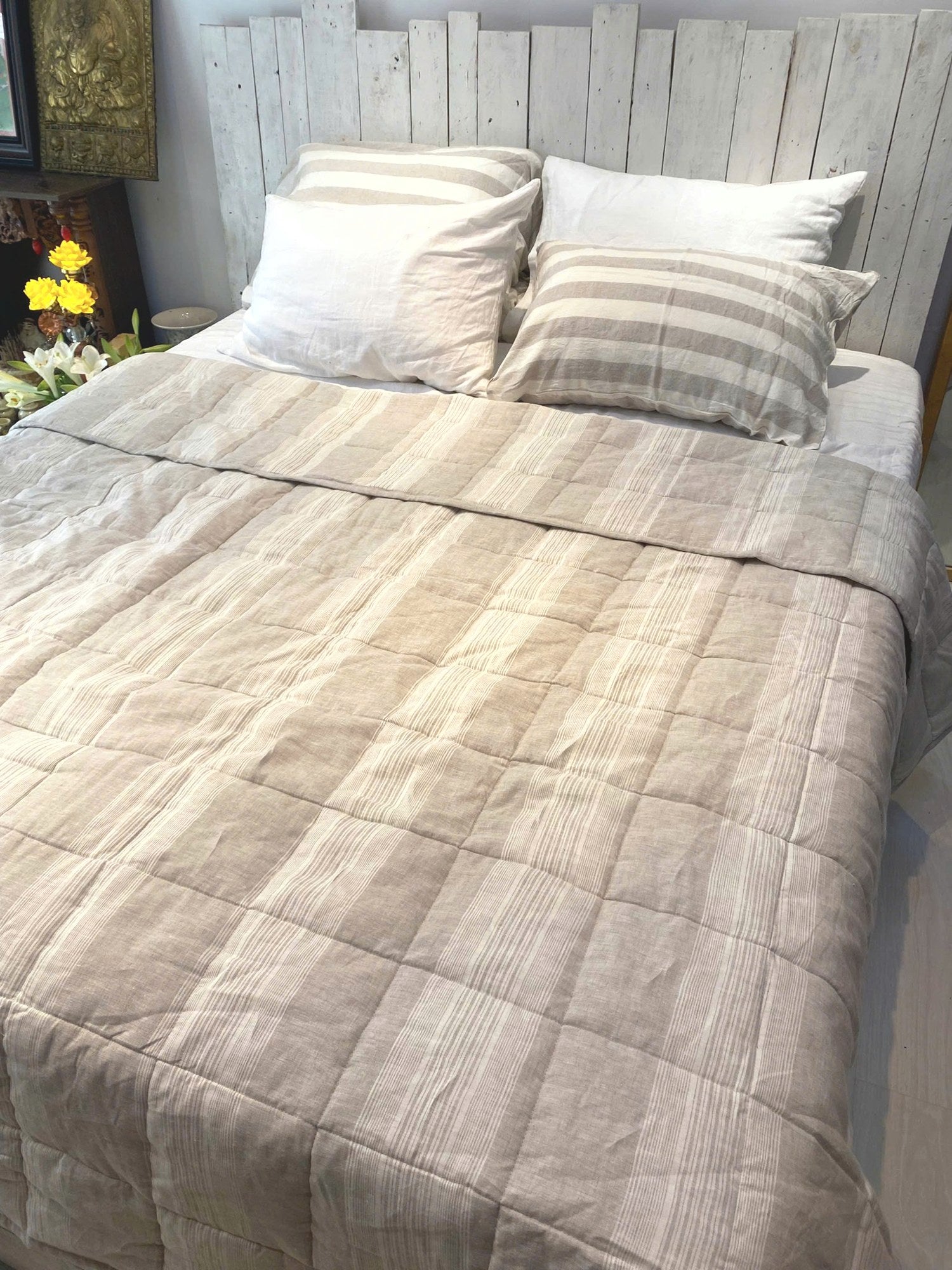 Hand-Quilted French Linen Blanket – Natural Oat Stripe