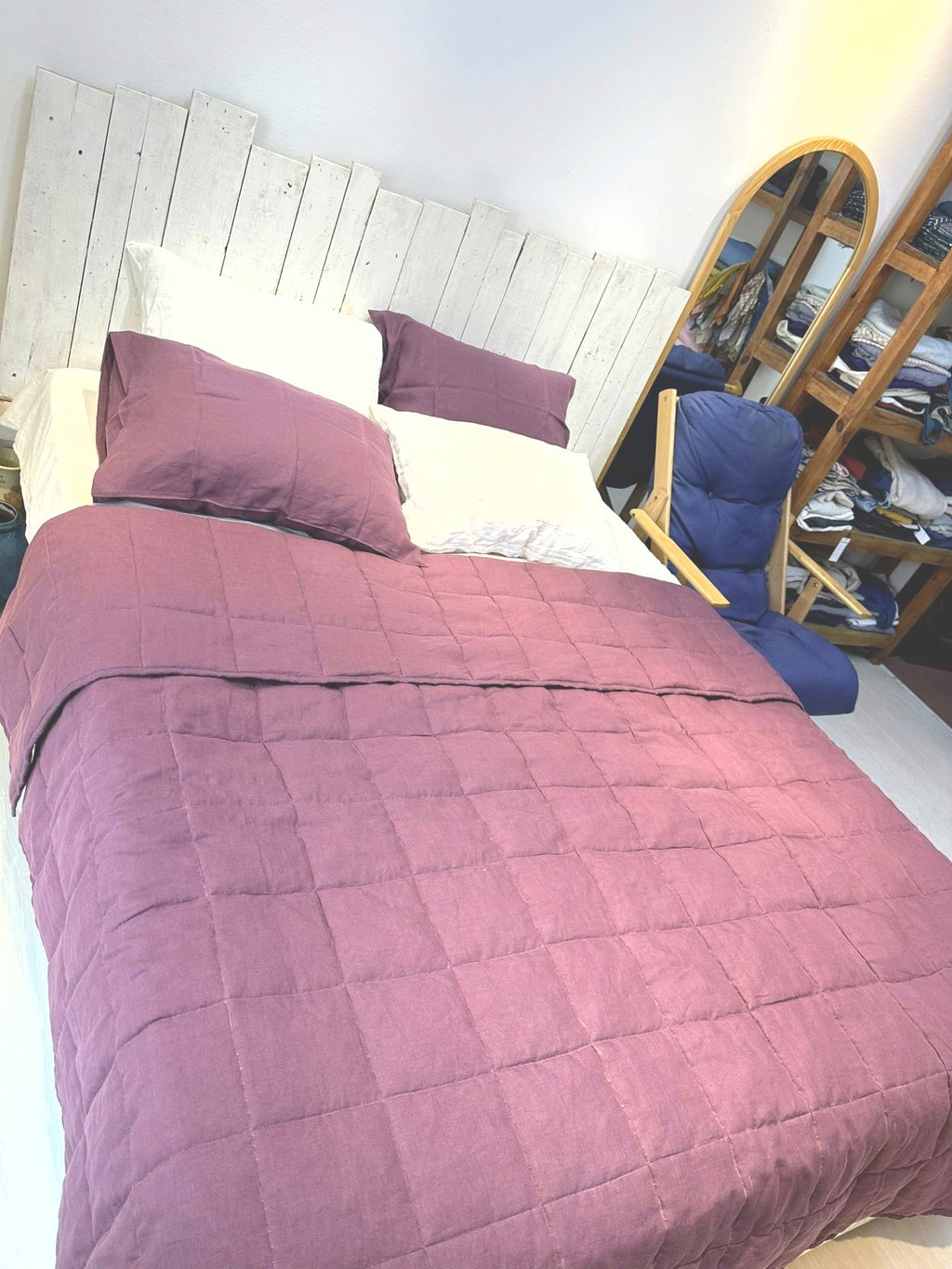 Hand-Quilted French Linen Blanket – Aubergine Plum