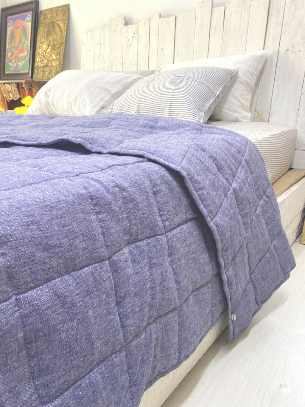 Hand-Quilted French Linen Blanket – Denim Blue