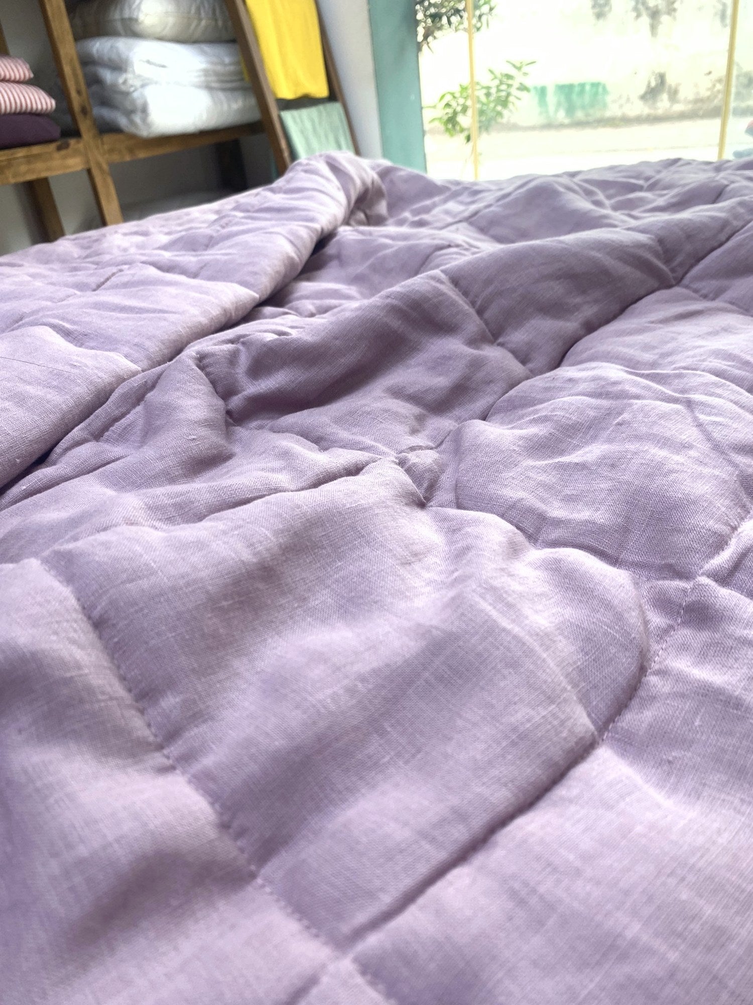 Hand-Quilted French Linen Blanket – Soft Lavender