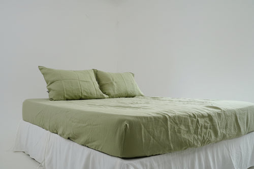 Avocado Green French Linen Fitted Sheet | Premium Linen Bedding