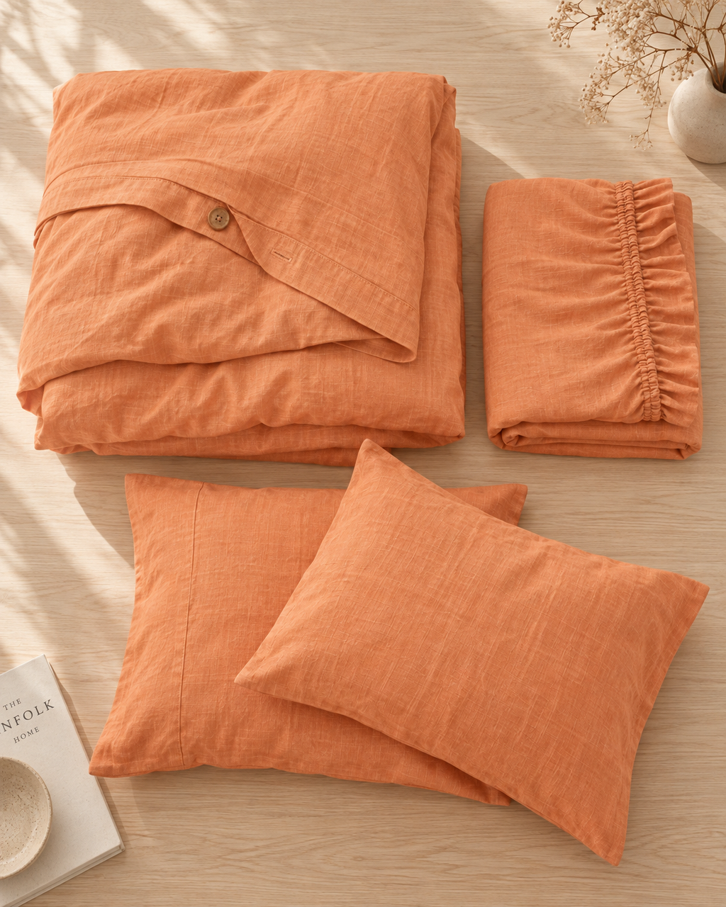 Cantaloupe Orange Bamboo Linen Duvet Cover Set – 4-Piece Bed Linen | 45% Linen 55% Bamboo Rayon | 165 GSM