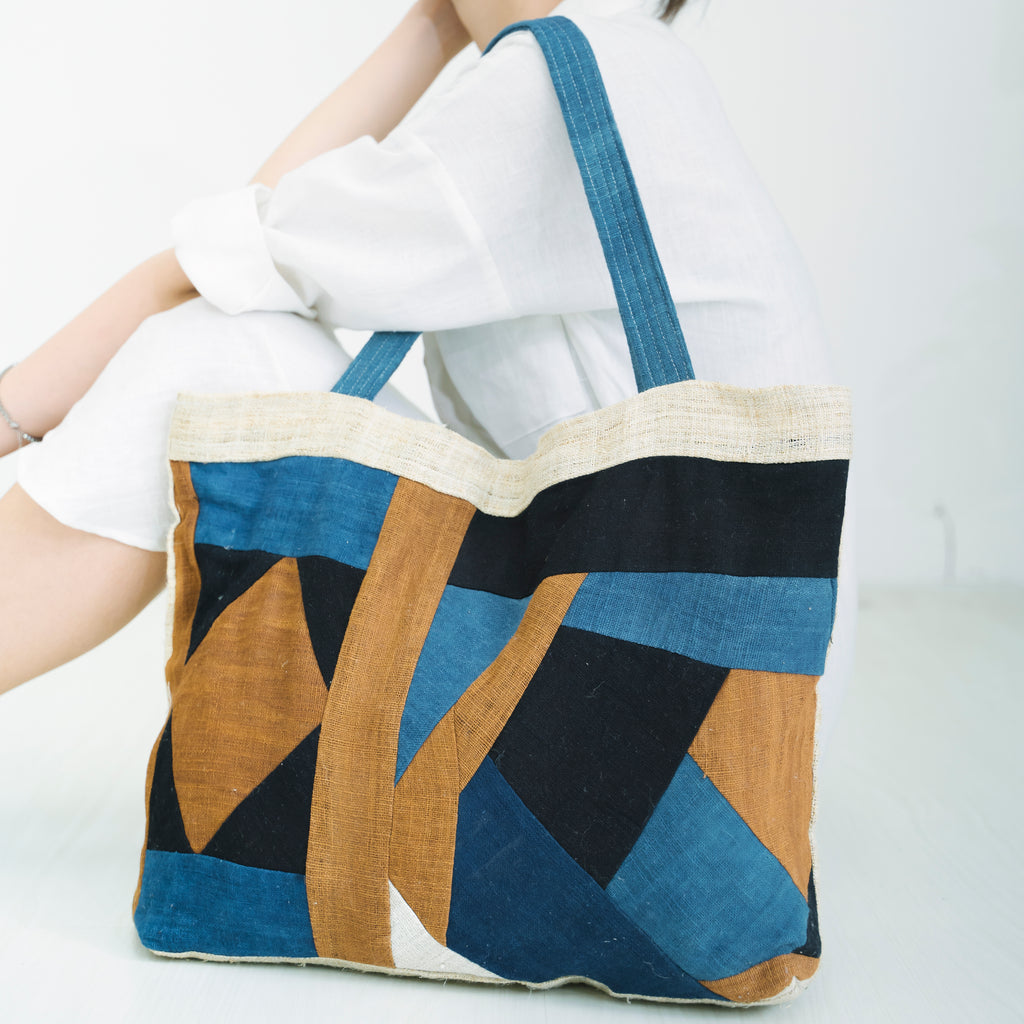 Landscape Patchwork Tote Bag - Handmade Ethnic Brocade Shoulder Bag - Large Horizontal Tribal Art Purse