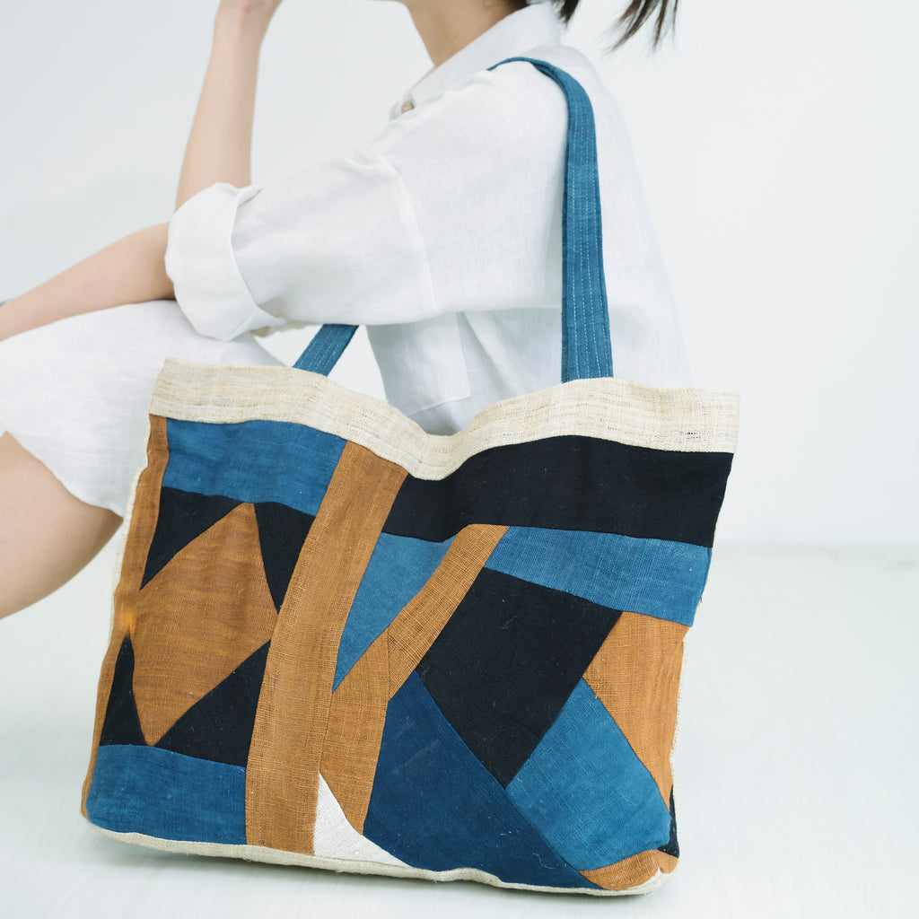 Landscape Patchwork Tote Bag - Handmade Ethnic Brocade Shoulder Bag - Large Horizontal Tribal Art Purse