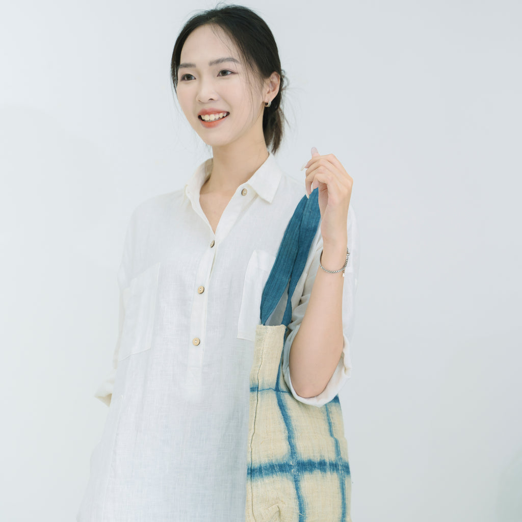 Handcrafted Indigo Grid Tote Bag - Hmong Shibori Pattern Hand-Dyed Brocade Shoulder Bag