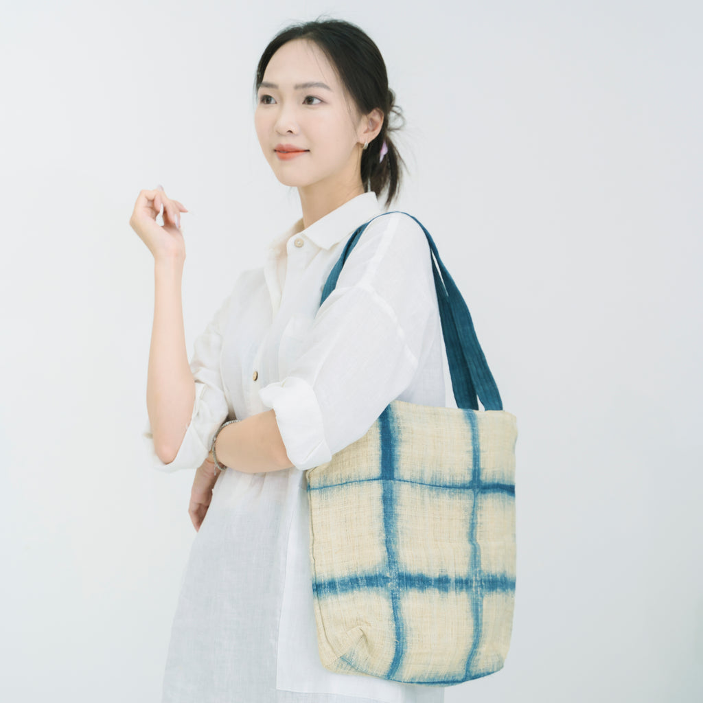 Handcrafted Indigo Grid Tote Bag - Hmong Shibori Pattern Hand-Dyed Brocade Shoulder Bag