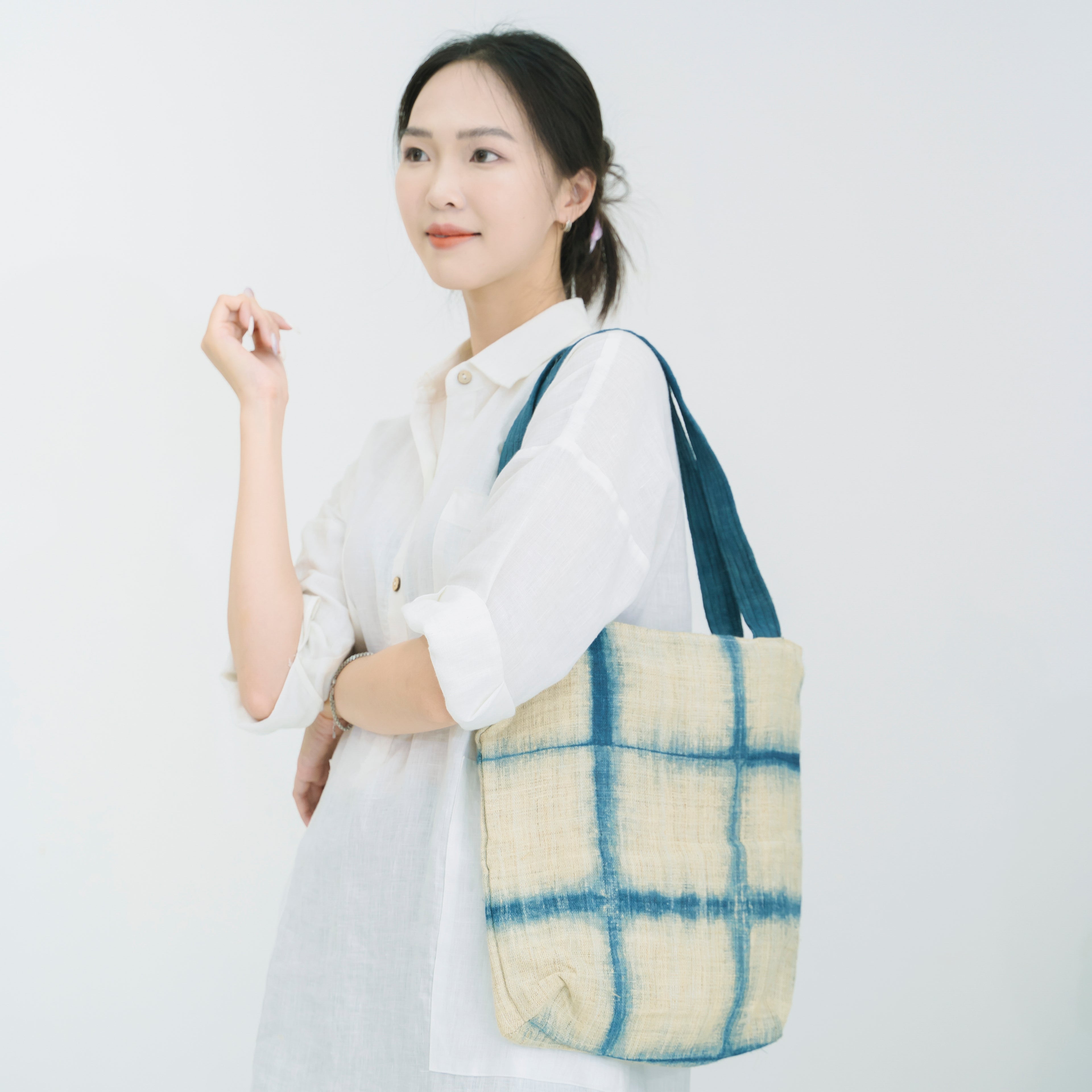 Handcrafted Indigo Grid Tote Bag - Hmong Shibori Pattern Hand-Dyed Brocade Shoulder Bag