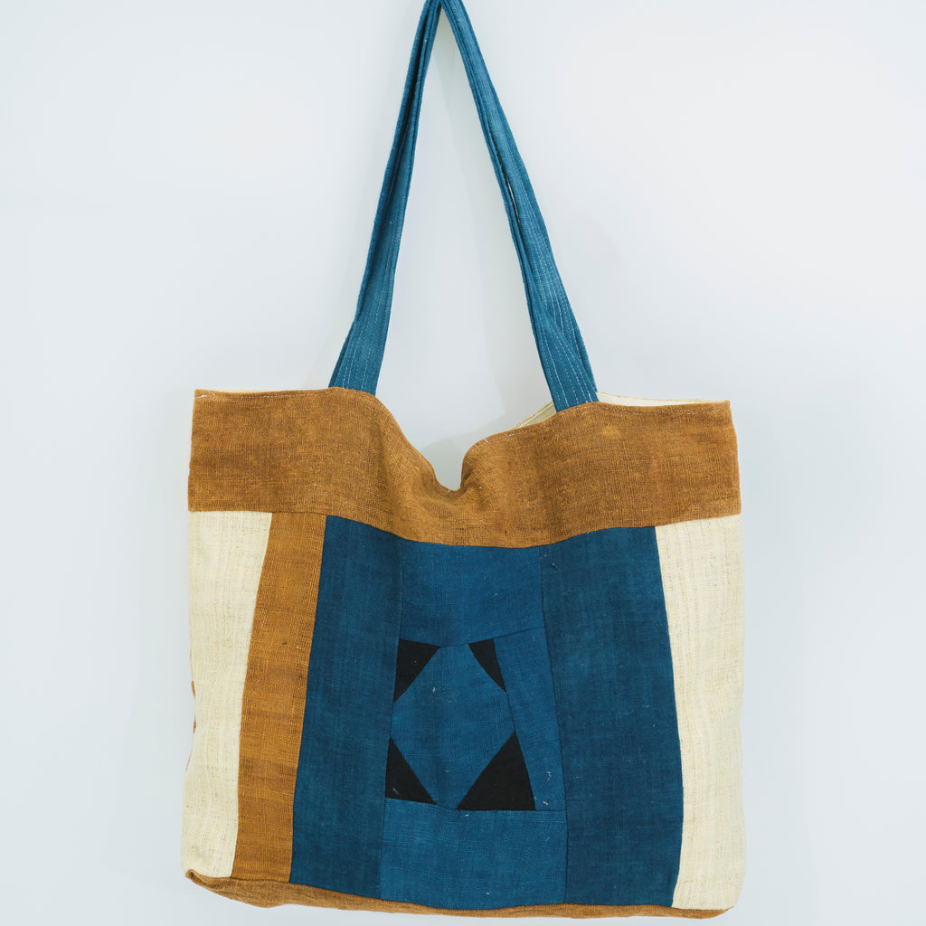 Hmong Earthy Indigo Patchwork Tote Bag - Hand-Sewn Brocade Mosaic - Traditional Hill Tribe Artisan Shoulder Bag