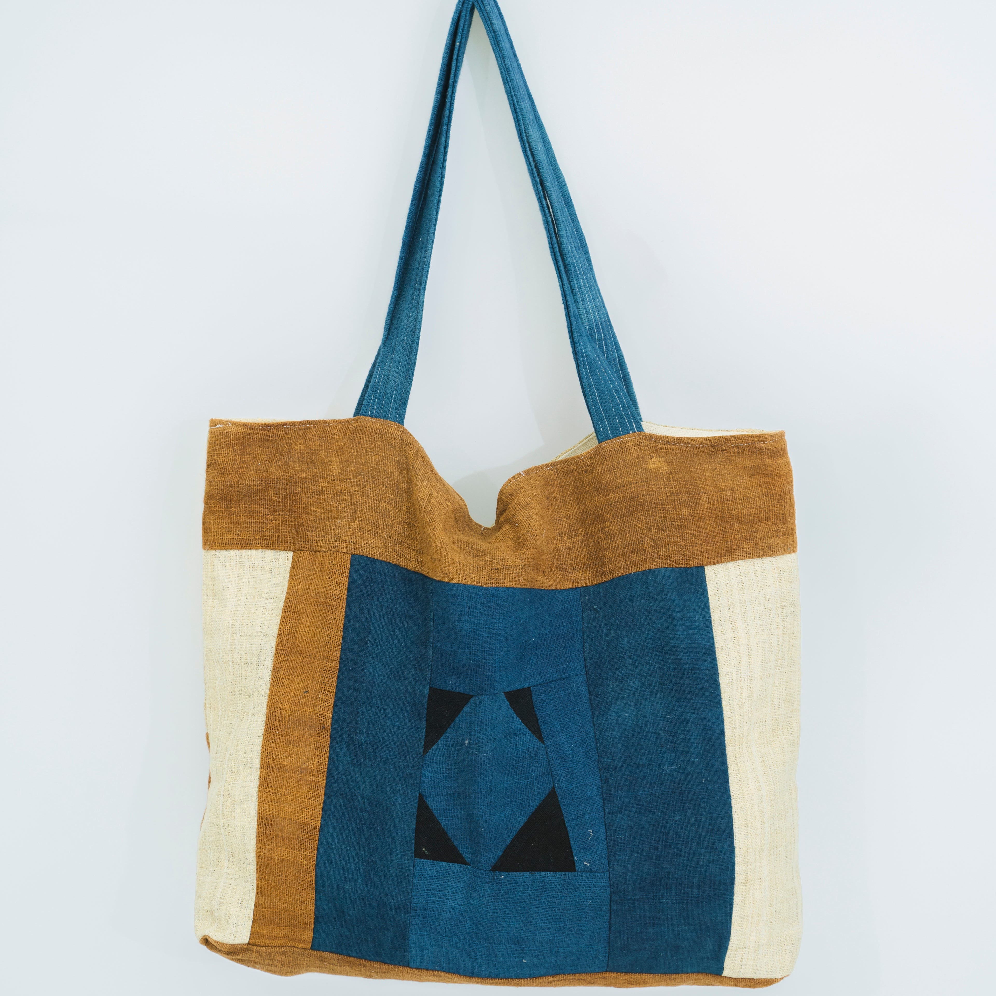 Hmong Earthy Indigo Patchwork Tote Bag - Hand-Sewn Brocade Mosaic - Traditional Hill Tribe Artisan Shoulder Bag