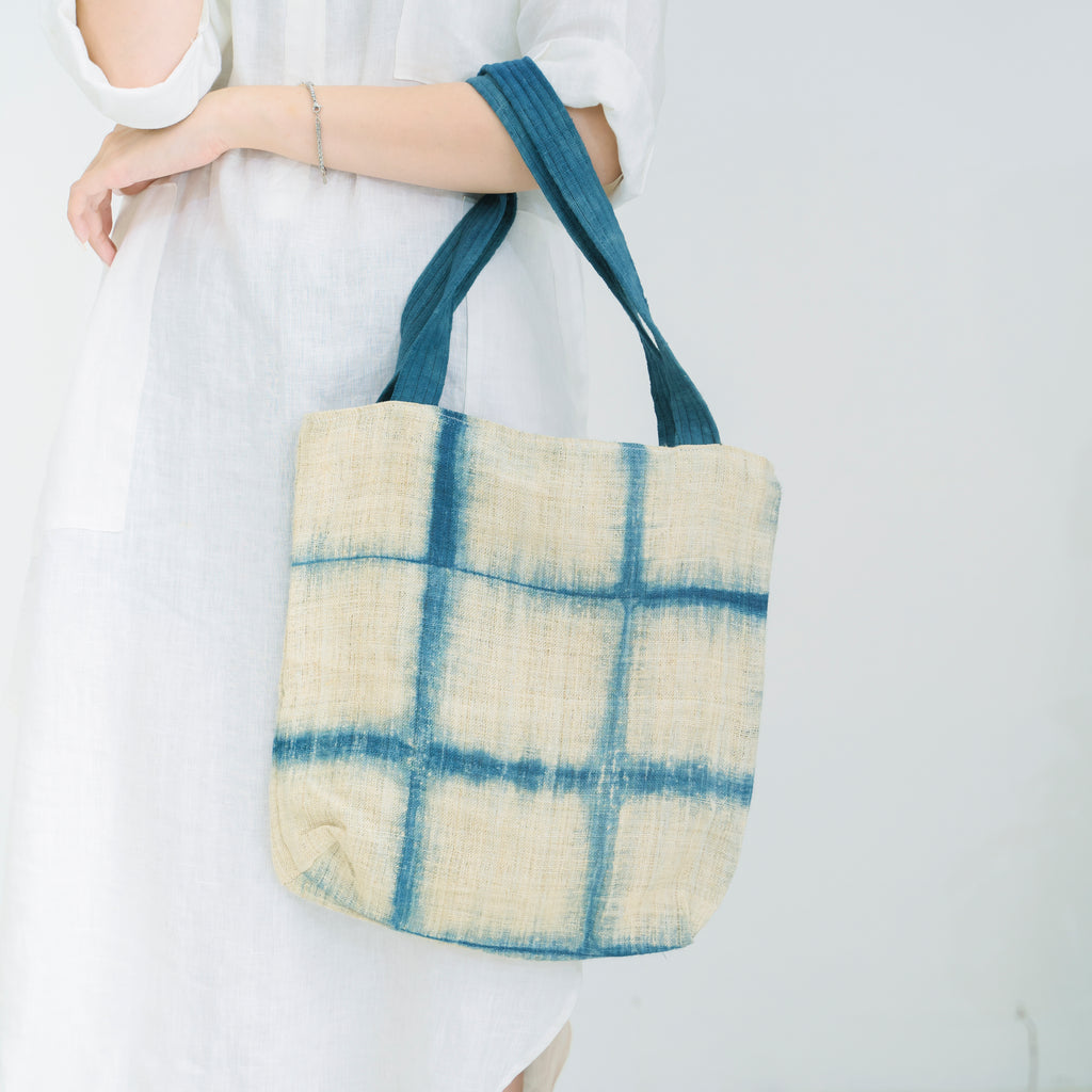 Handcrafted Indigo Grid Tote Bag - Hmong Shibori Pattern Hand-Dyed Brocade Shoulder Bag