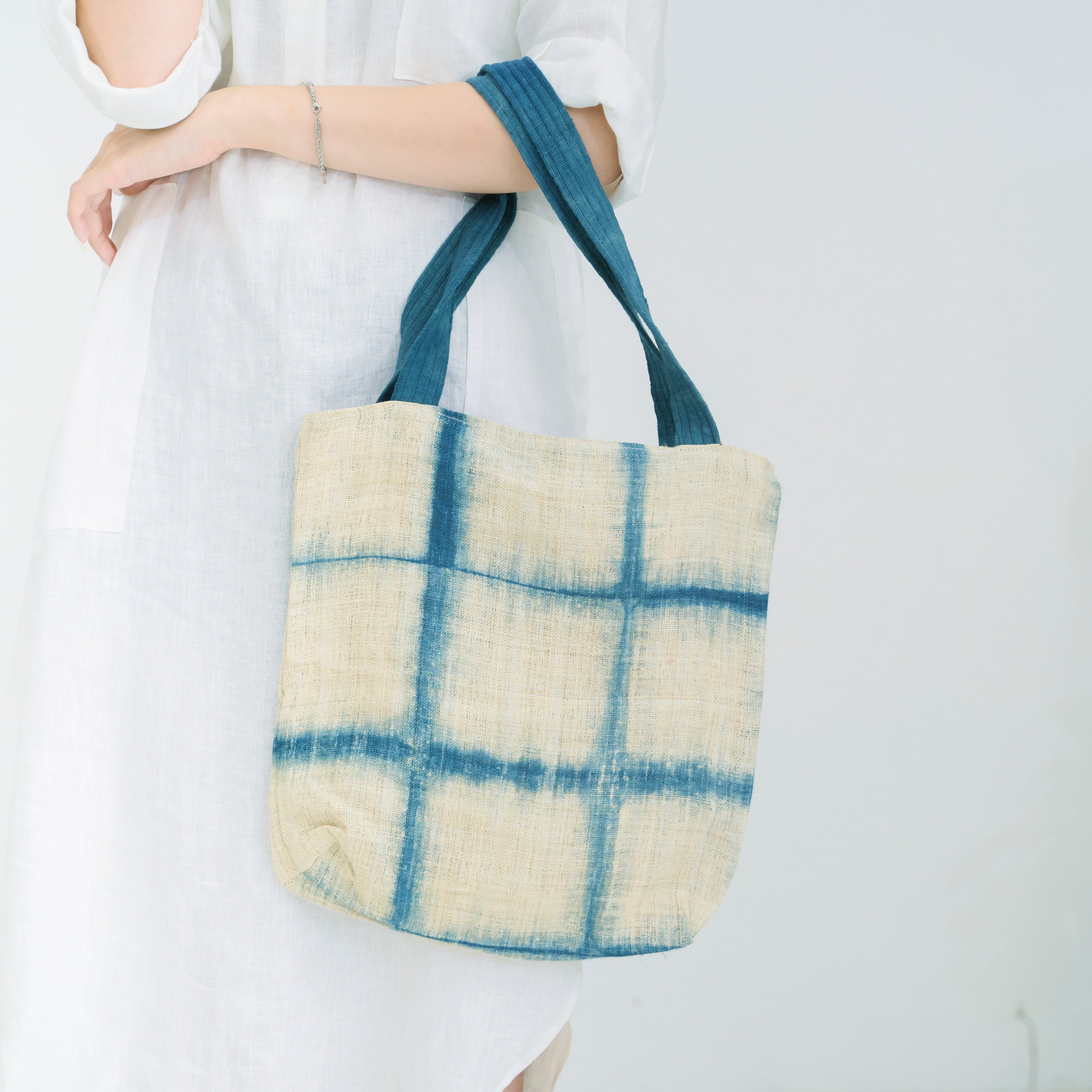 Handcrafted Indigo Grid Tote Bag - Hmong Shibori Pattern Hand-Dyed Brocade Shoulder Bag