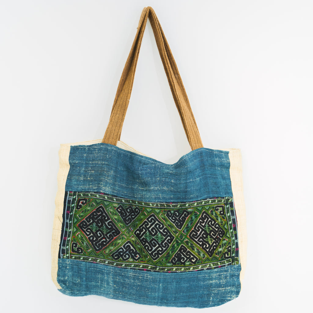 Hmong Indigo & Green Embroidered Tote Bag - Hand-Dyed Brocade with Vibrant Accent - Hill Tribe Artisan Shoulder Bag