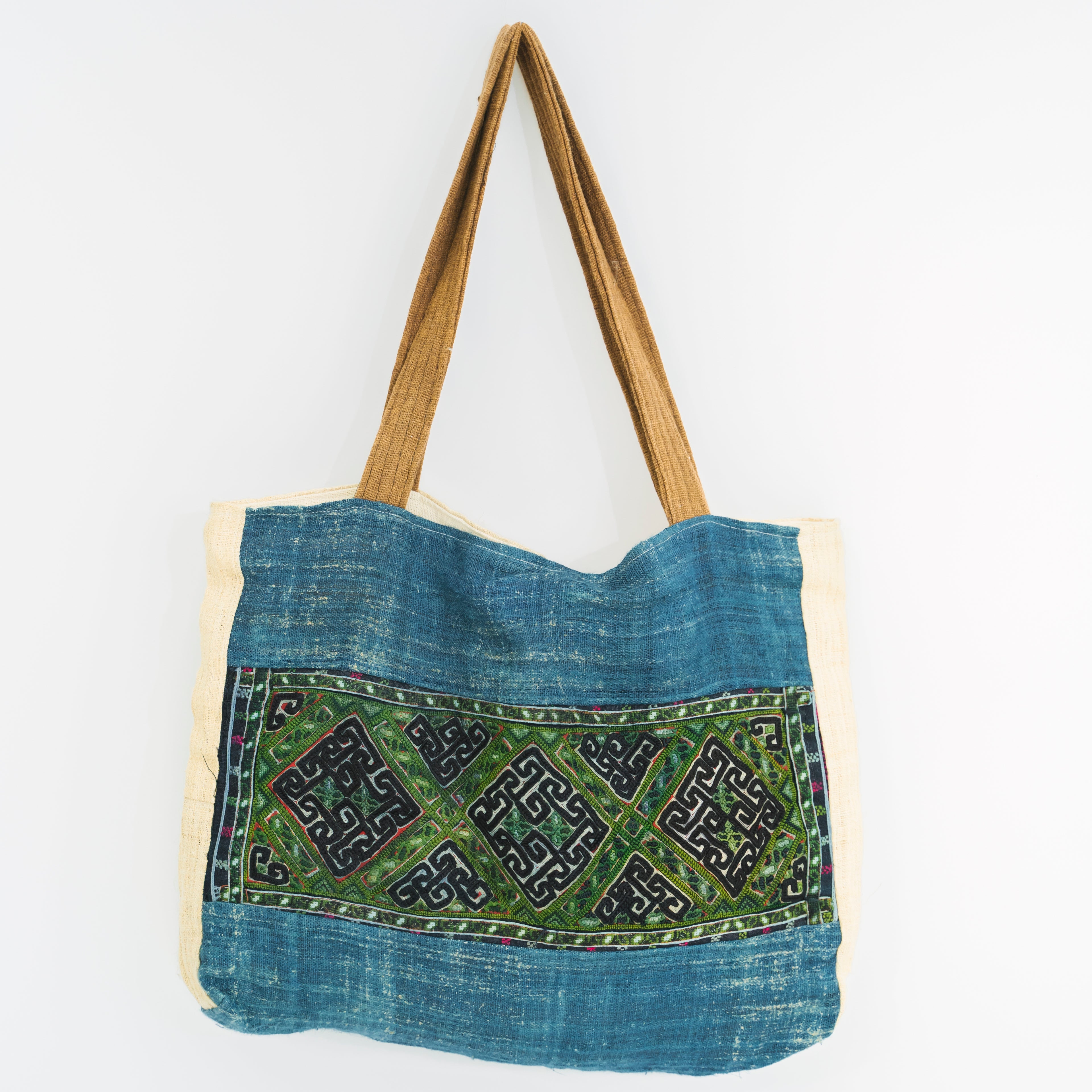 Hmong Indigo & Green Embroidered Tote Bag - Hand-Dyed Brocade with Vibrant Accent - Hill Tribe Artisan Shoulder Bag