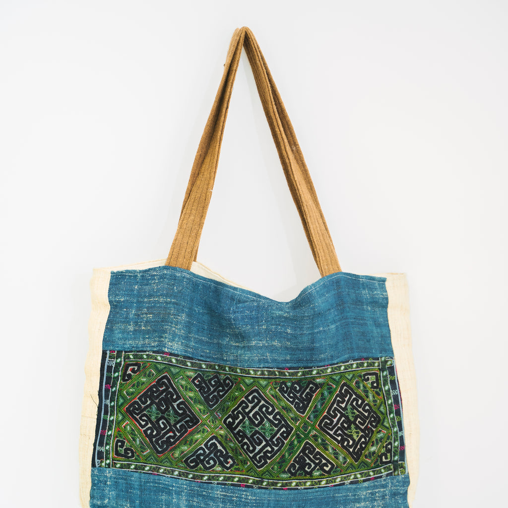 Hmong Indigo & Green Embroidered Tote Bag - Hand-Dyed Brocade with Vibrant Accent - Hill Tribe Artisan Shoulder Bag