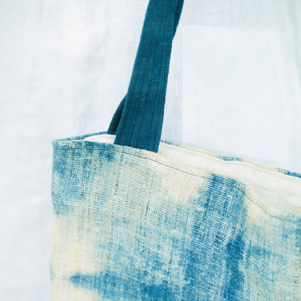 Indigo Bloom Hmong Tote Bag - Hand-Dyed Batik Brocade - Artisan Hill Tribe Shoulder Bag