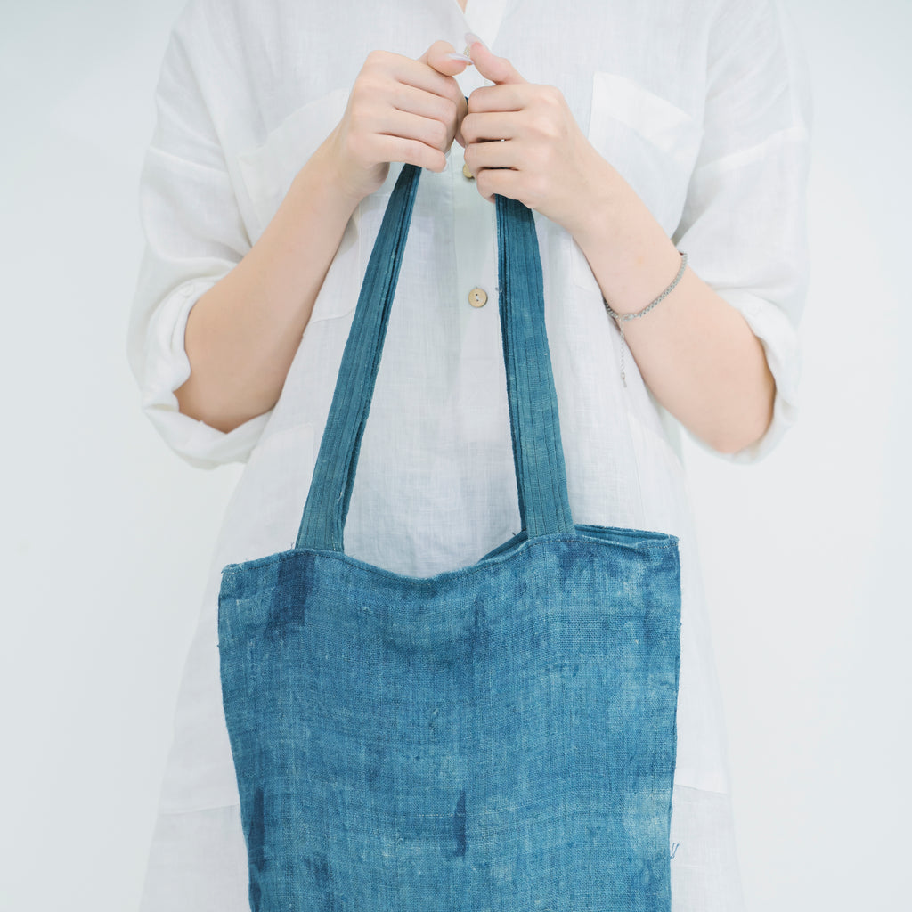 Hmong Natural Indigo Tote Bag - Minimalist Brocade Design - Traditional Hill Tribe Artisan Shoulder Bag