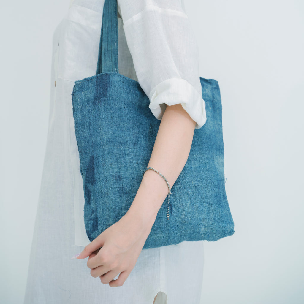 Hmong Natural Indigo Tote Bag - Minimalist Brocade Design - Traditional Hill Tribe Artisan Shoulder Bag