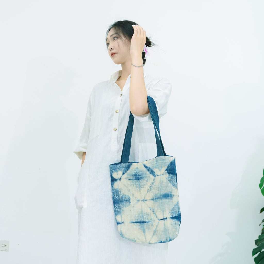 Hmong Diamond Pattern Tote Bag - Hand-Dyed Indigo Brocade - Traditional Hill Tribe Artisan Shoulder Bag