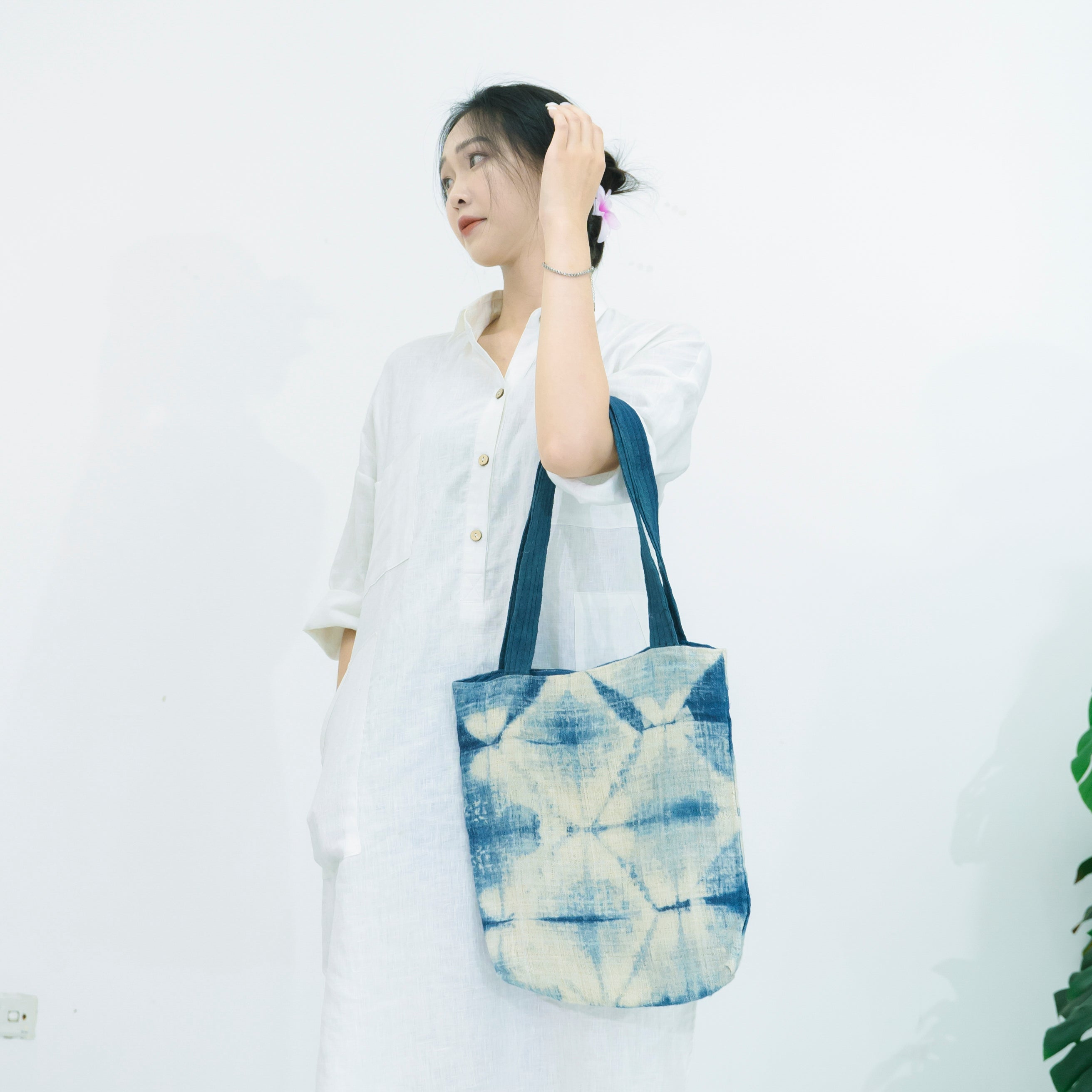 Hmong Diamond Pattern Tote Bag - Hand-Dyed Indigo Brocade - Traditional Hill Tribe Artisan Shoulder Bag