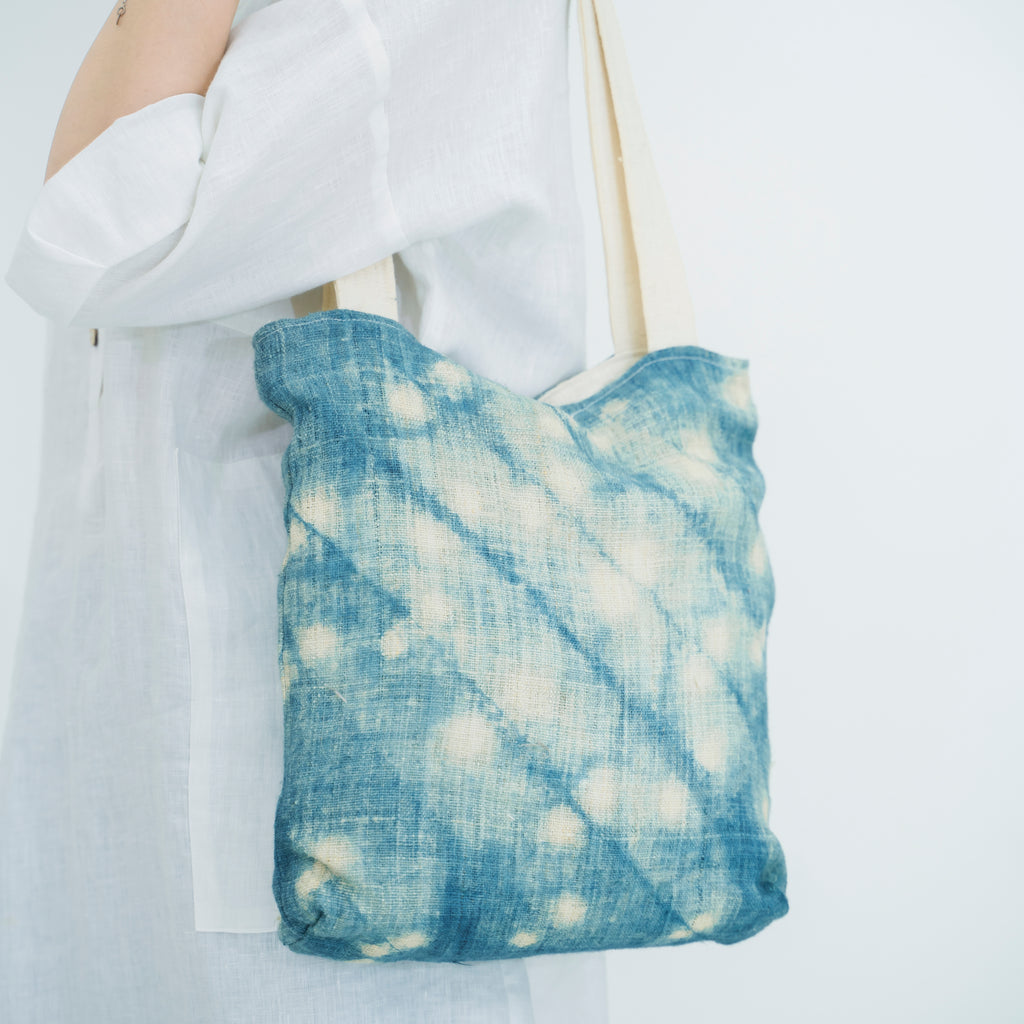 Hmong Splash Pattern Tote Bag - Hand-Dyed Indigo Splatter Brocade - One-of-a-Kind Hill Tribe Artisan Shoulder Bag