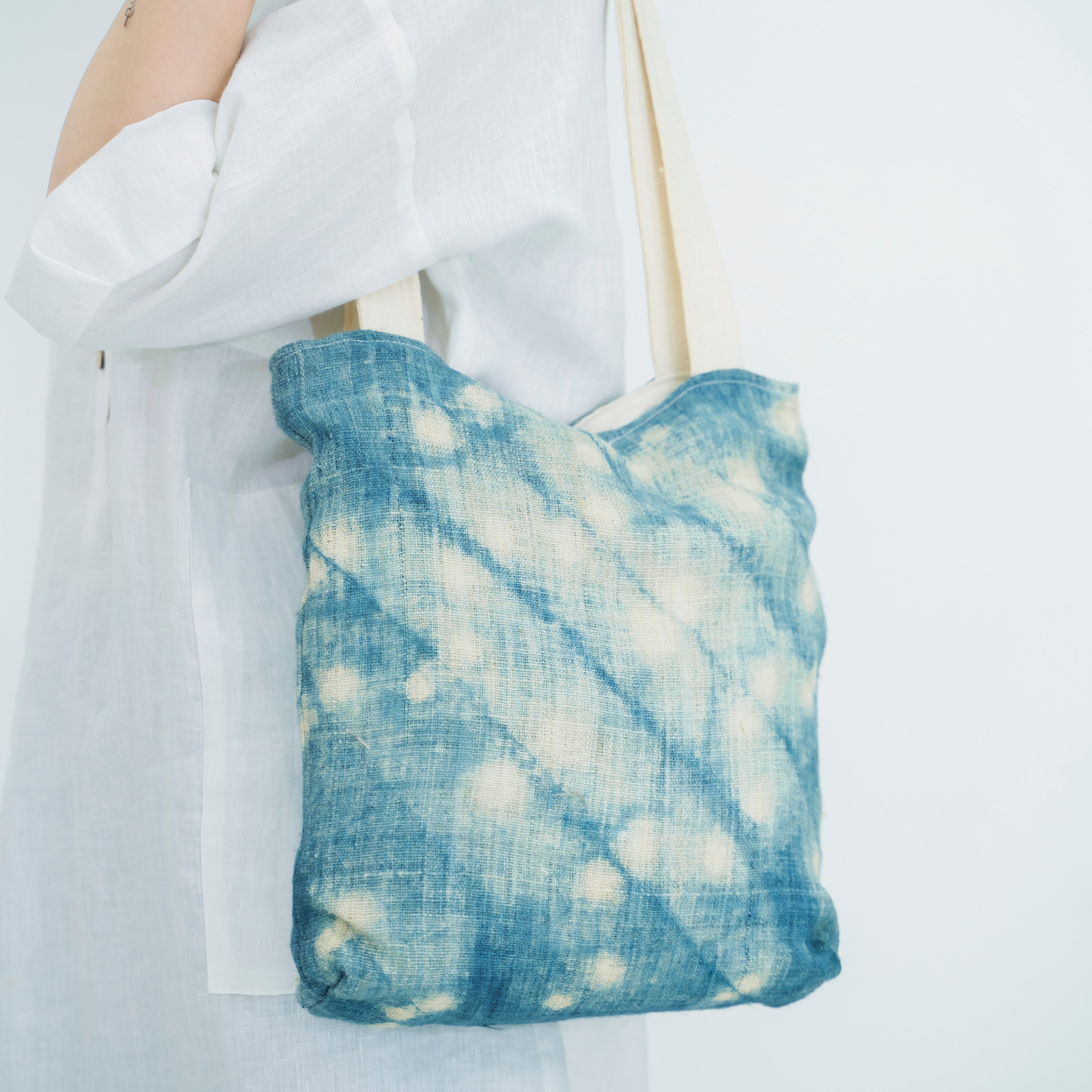 Hmong Splash Pattern Tote Bag - Hand-Dyed Indigo Splatter Brocade - One-of-a-Kind Hill Tribe Artisan Shoulder Bag