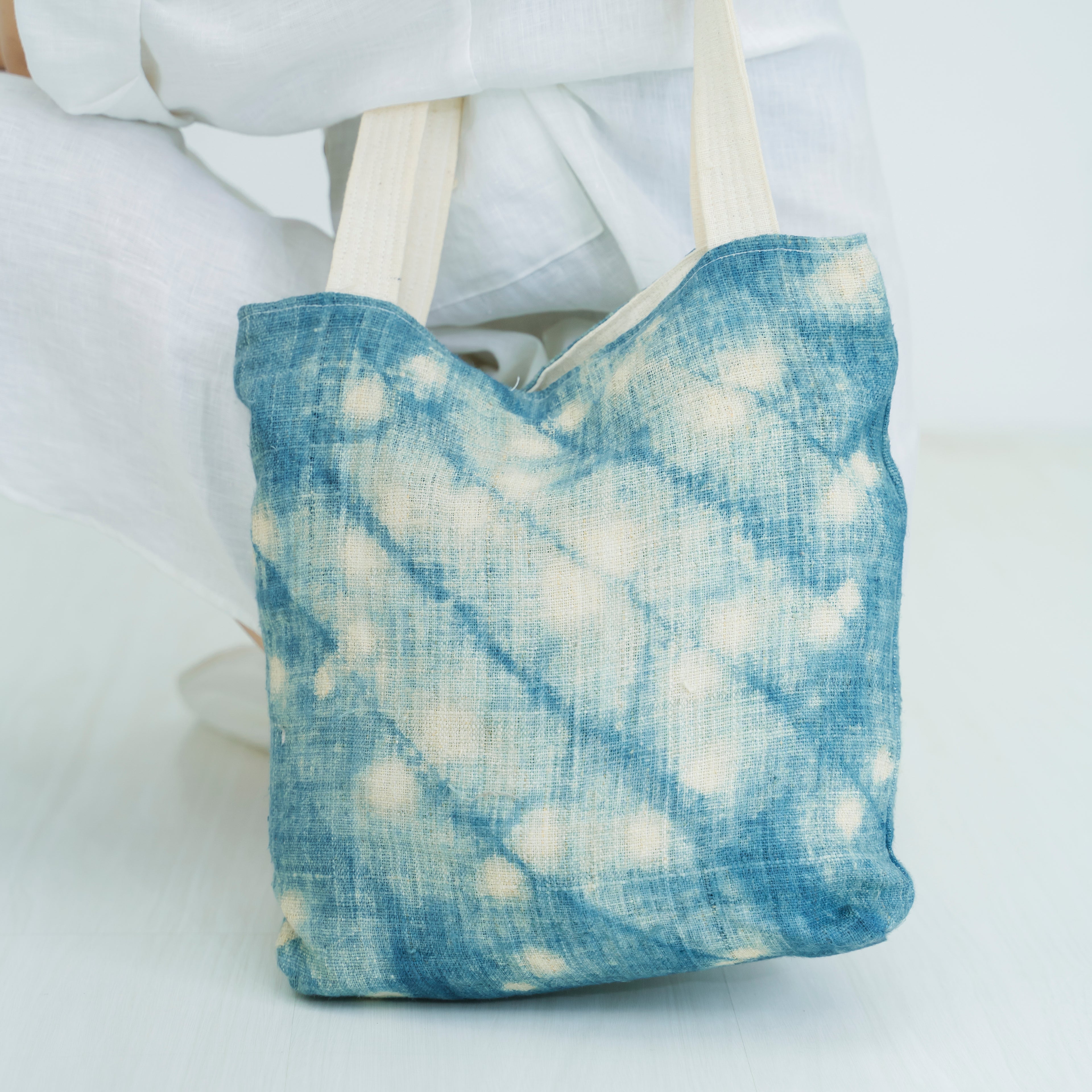 Hmong Splash Pattern Tote Bag - Hand-Dyed Indigo Splatter Brocade - One-of-a-Kind Hill Tribe Artisan Shoulder Bag