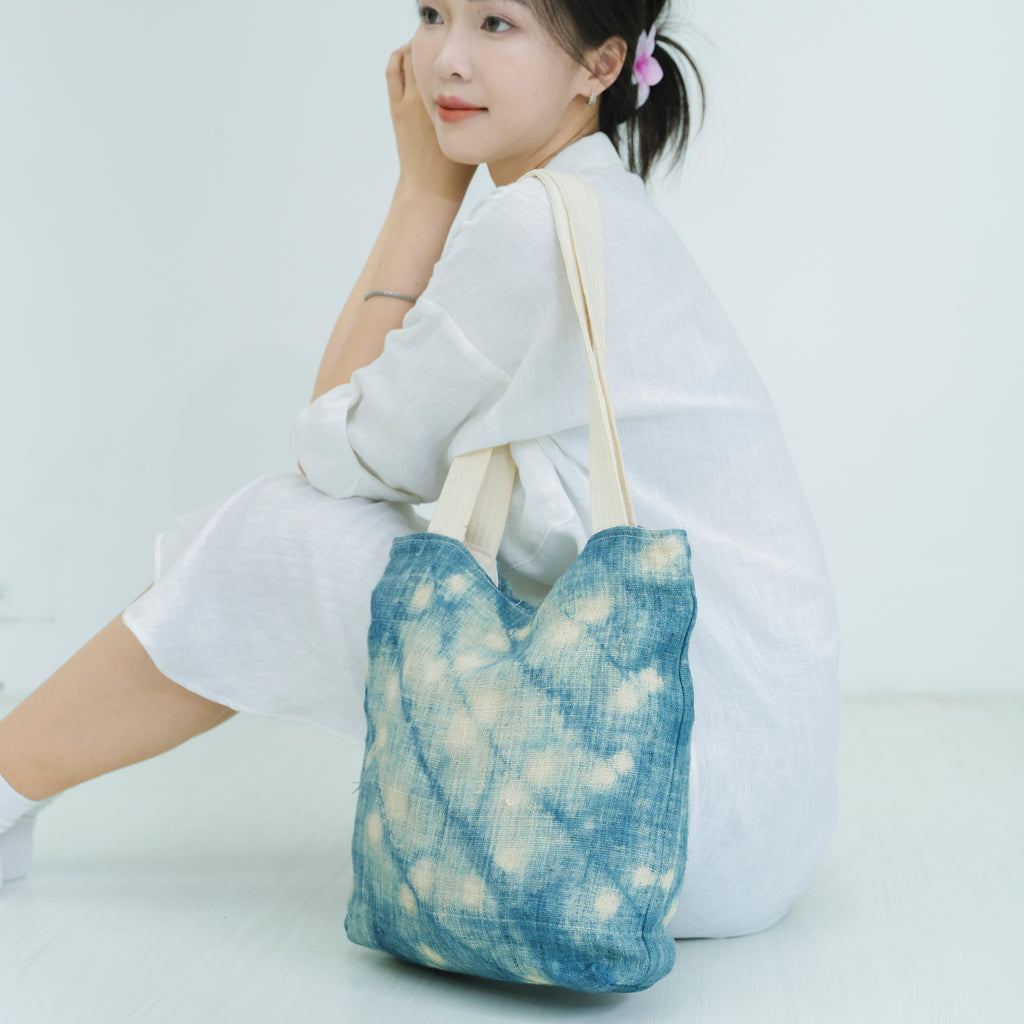 Hmong Splash Pattern Tote Bag - Hand-Dyed Indigo Splatter Brocade - One-of-a-Kind Hill Tribe Artisan Shoulder Bag