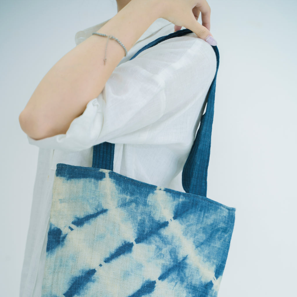 Hmong Indigo Stripe Tote Bag - Hand-Dyed Flow Pattern Brocade - Traditional Hill Tribe Artisan Shoulder Bag