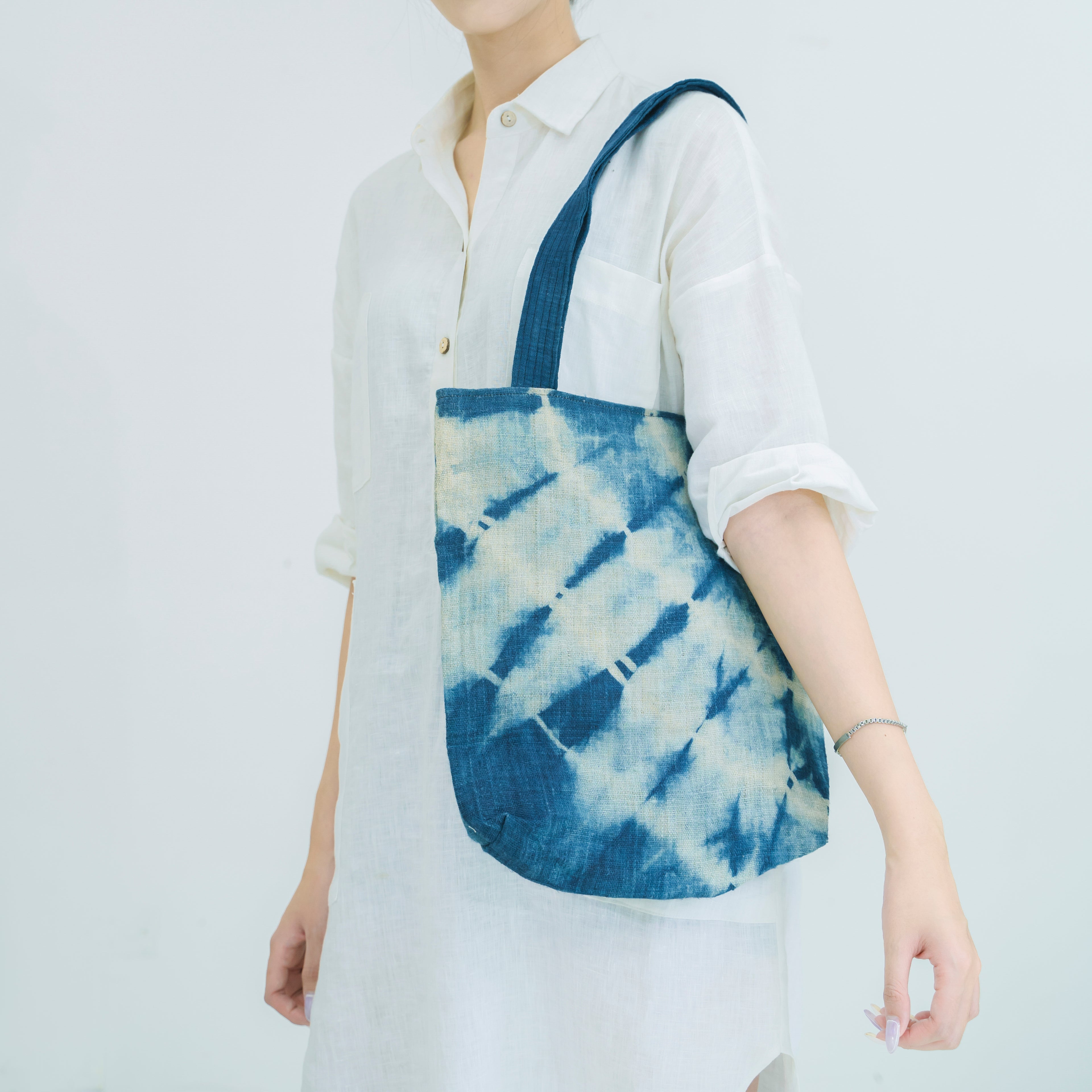 Hmong Indigo Stripe Tote Bag - Hand-Dyed Flow Pattern Brocade - Traditional Hill Tribe Artisan Shoulder Bag