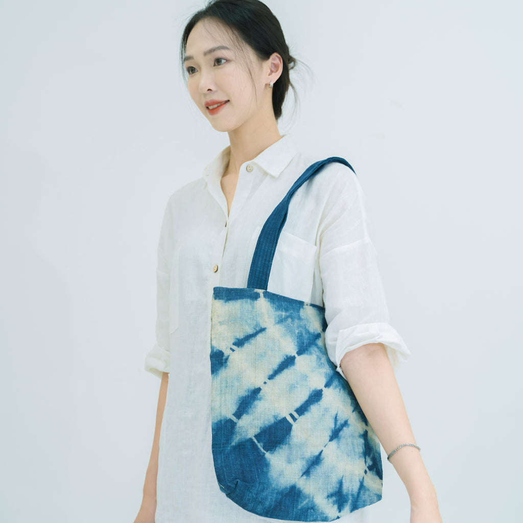 Hmong Indigo Stripe Tote Bag - Hand-Dyed Flow Pattern Brocade - Traditional Hill Tribe Artisan Shoulder Bag
