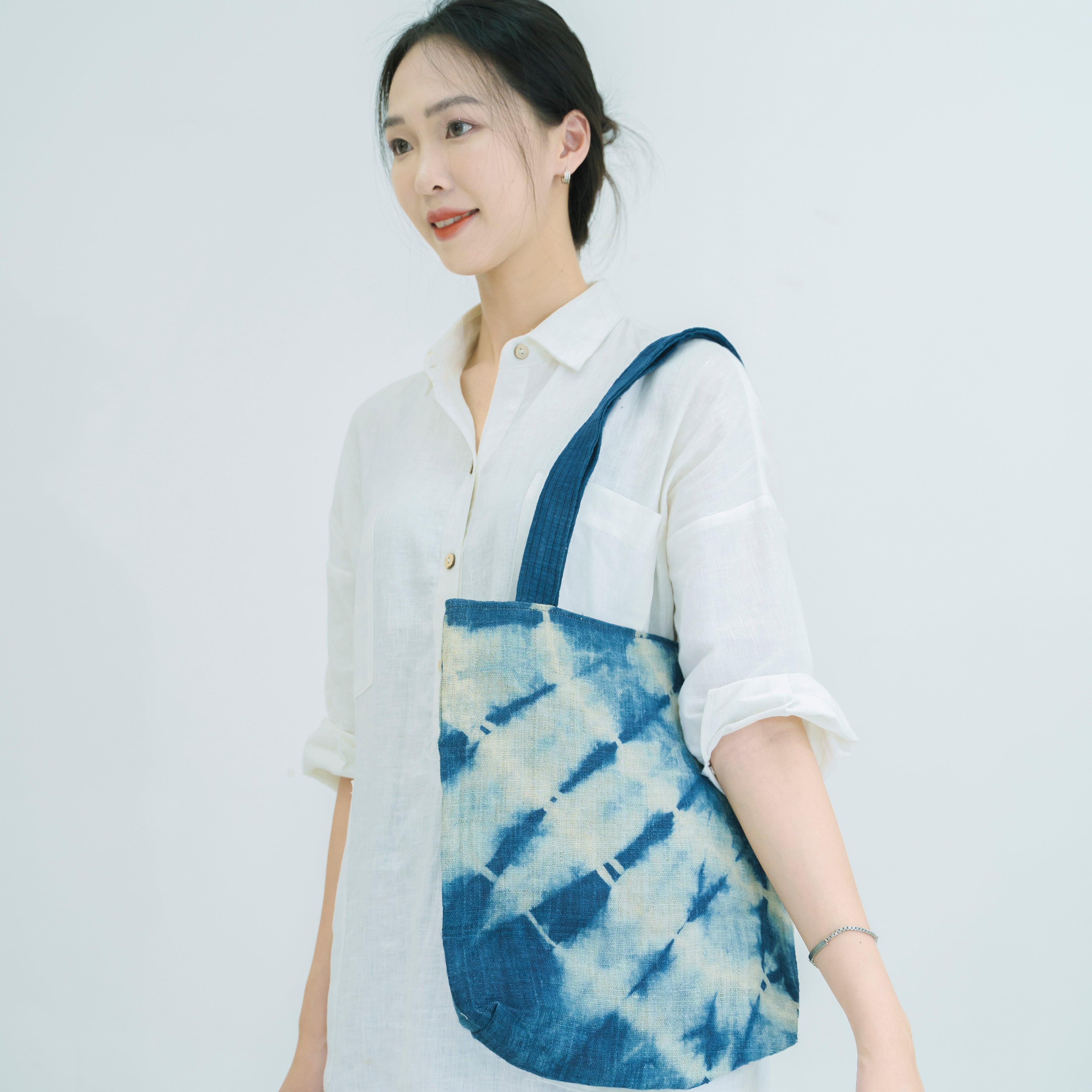 Hmong Indigo Stripe Tote Bag - Hand-Dyed Flow Pattern Brocade - Traditional Hill Tribe Artisan Shoulder Bag