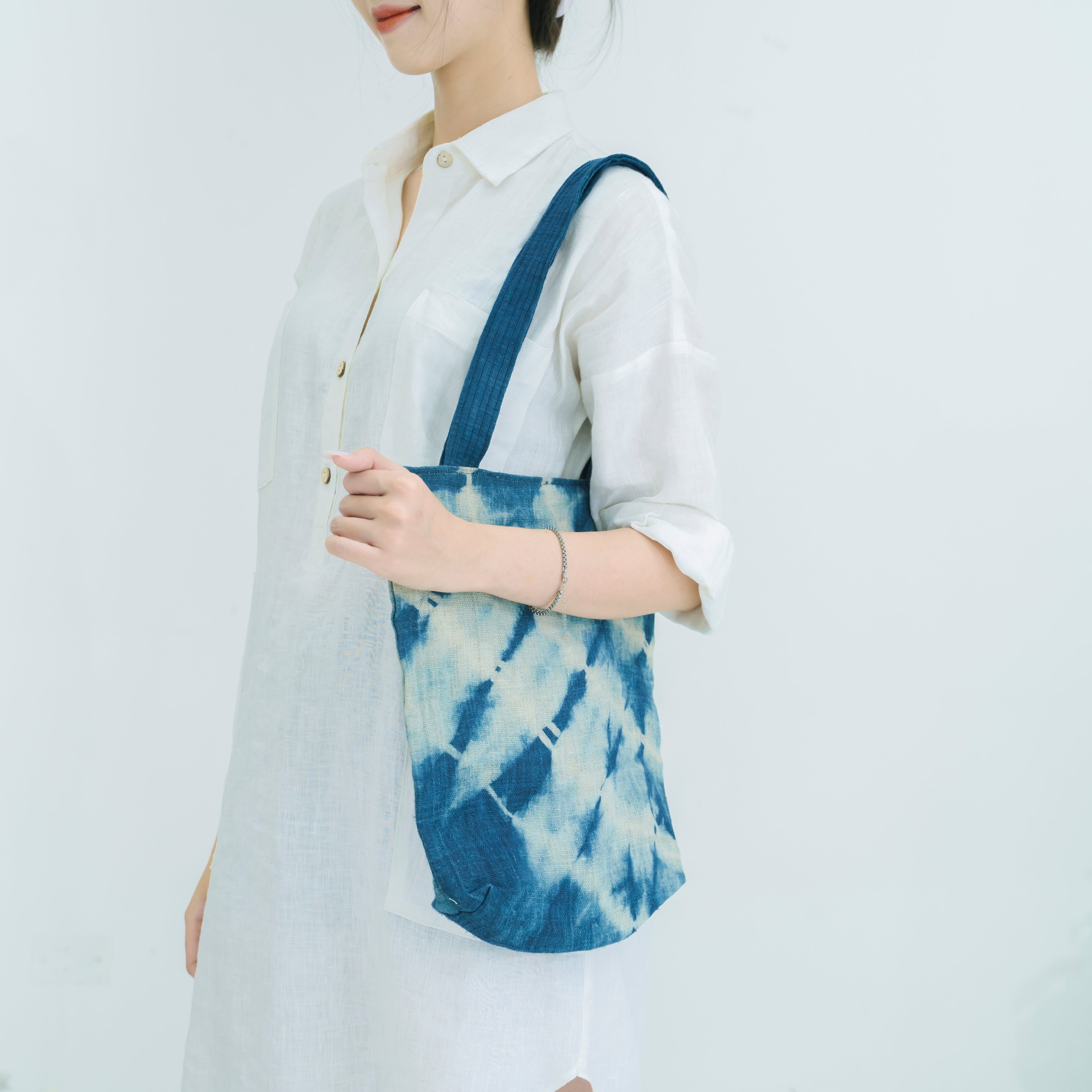 Hmong Indigo Stripe Tote Bag - Hand-Dyed Flow Pattern Brocade - Traditional Hill Tribe Artisan Shoulder Bag